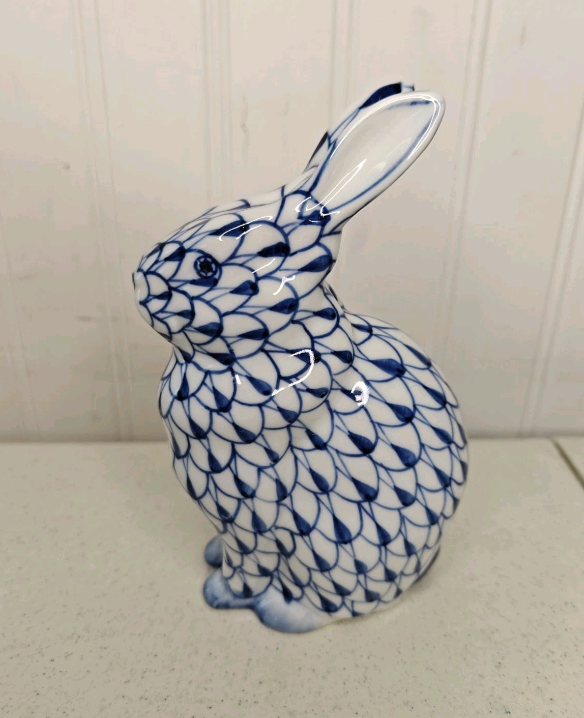 Vintage Andrea Sadek Blue Fishnet Bunny Rabbit Figure Figurine Hand Painted 5.5”