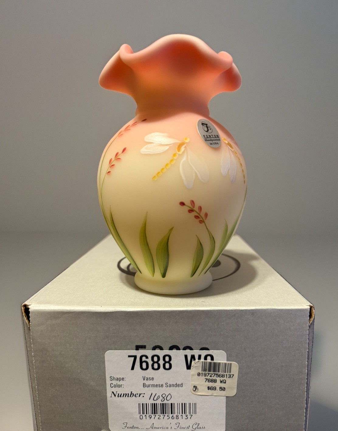 Fenton Burmese Sanded Glass Dragonfly Vase HP Signed J Burkhart Frank Fenton 