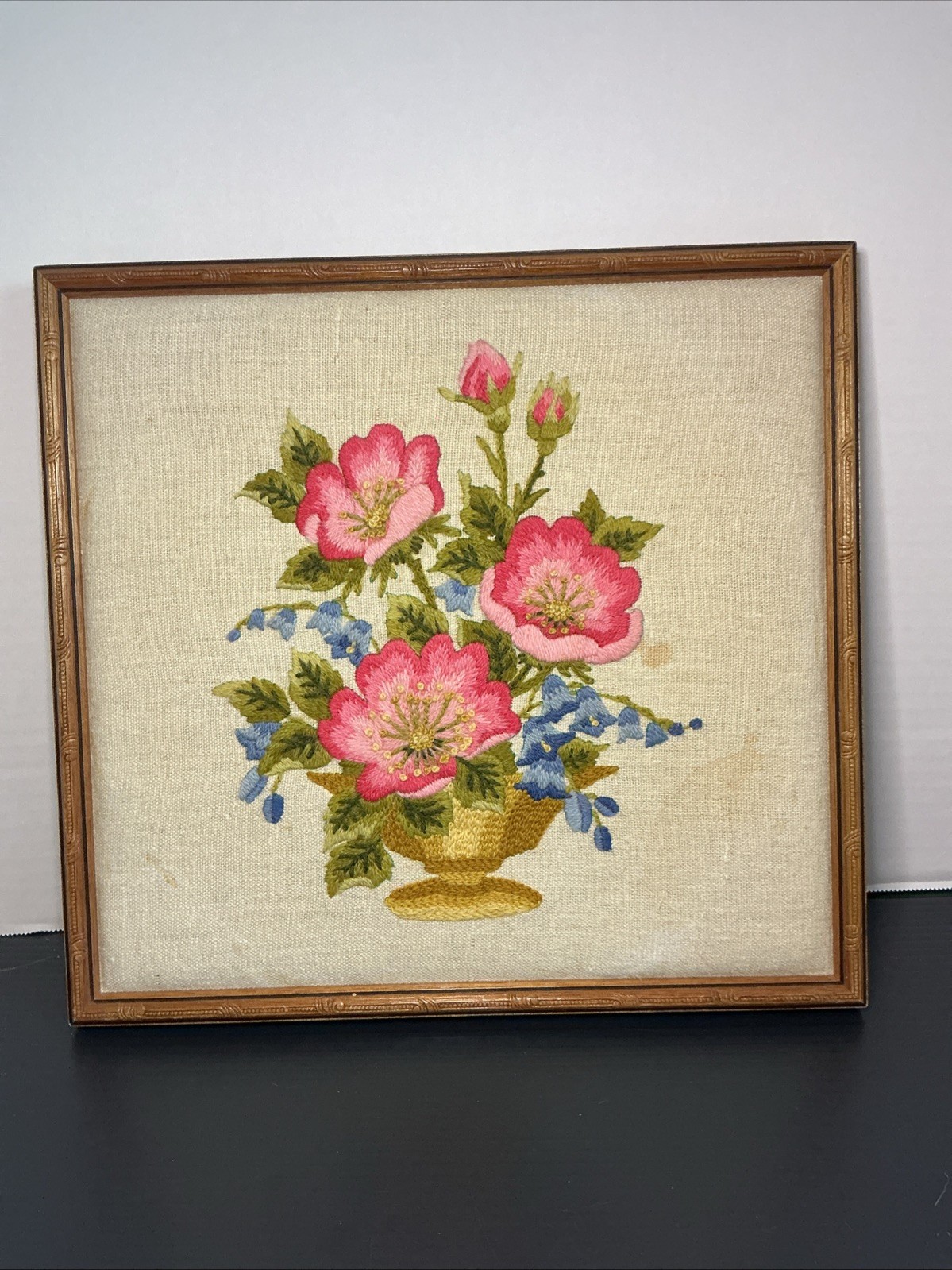 Vintage Crewel Embroidery Pink Blue Flowers in a Vase Stitchery Framed 14\