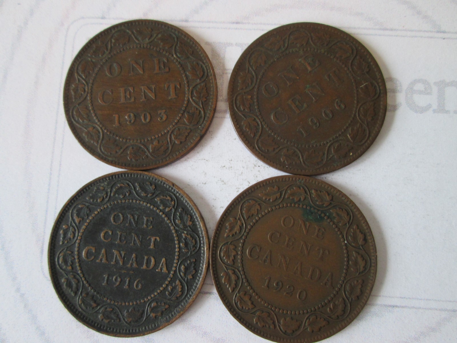 4 COIN SET 1903, 06, 16, 20 ONE 1 CENT Vintage CANADA coin: copper     IS305