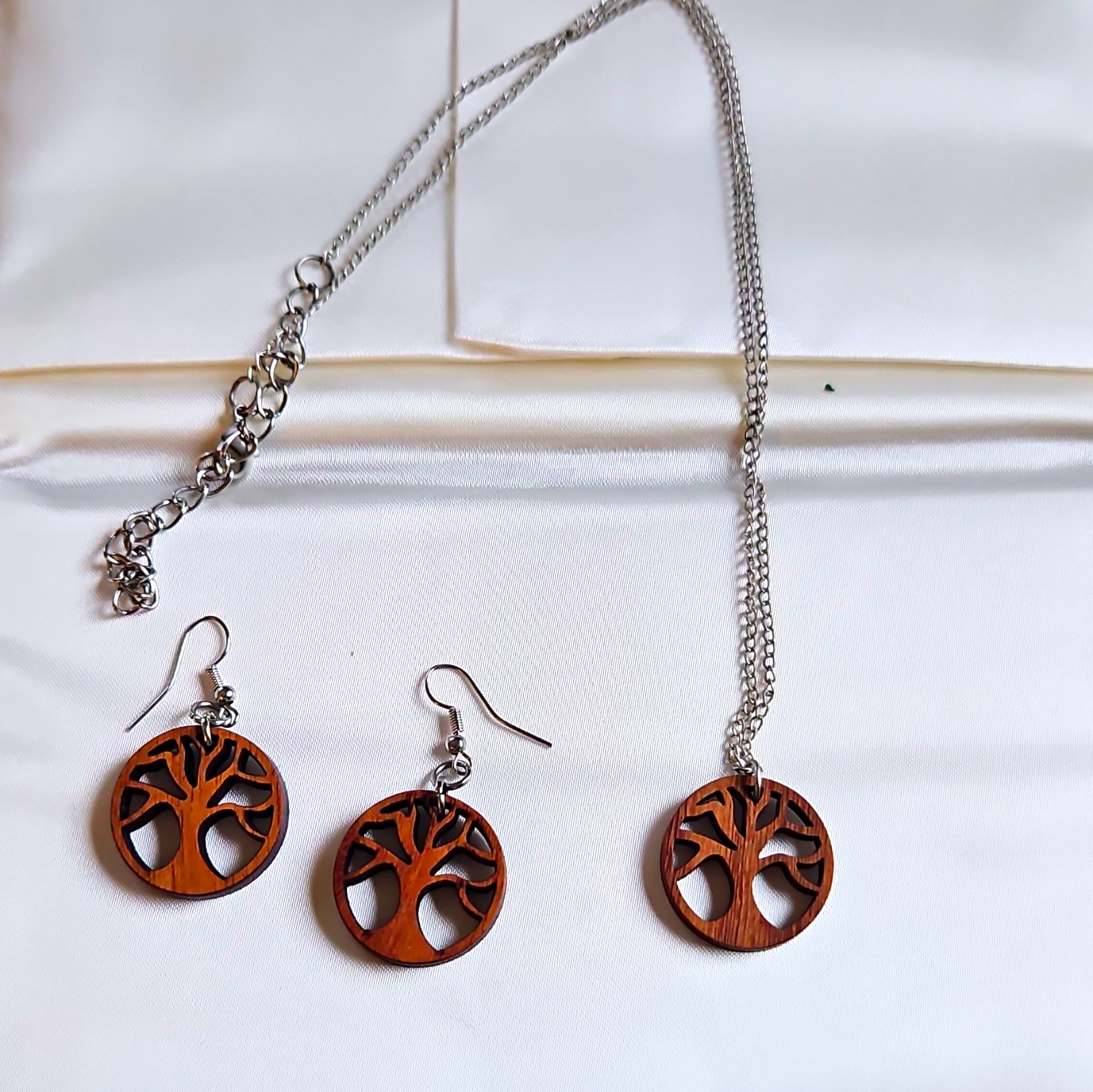 Tree of Life Wood Pendant Necklace & Hook Dangle Earrings Set Silver Brown Tree of Life Wood Pendant Necklace & Hook Dangle Earrings Set Silver Brown