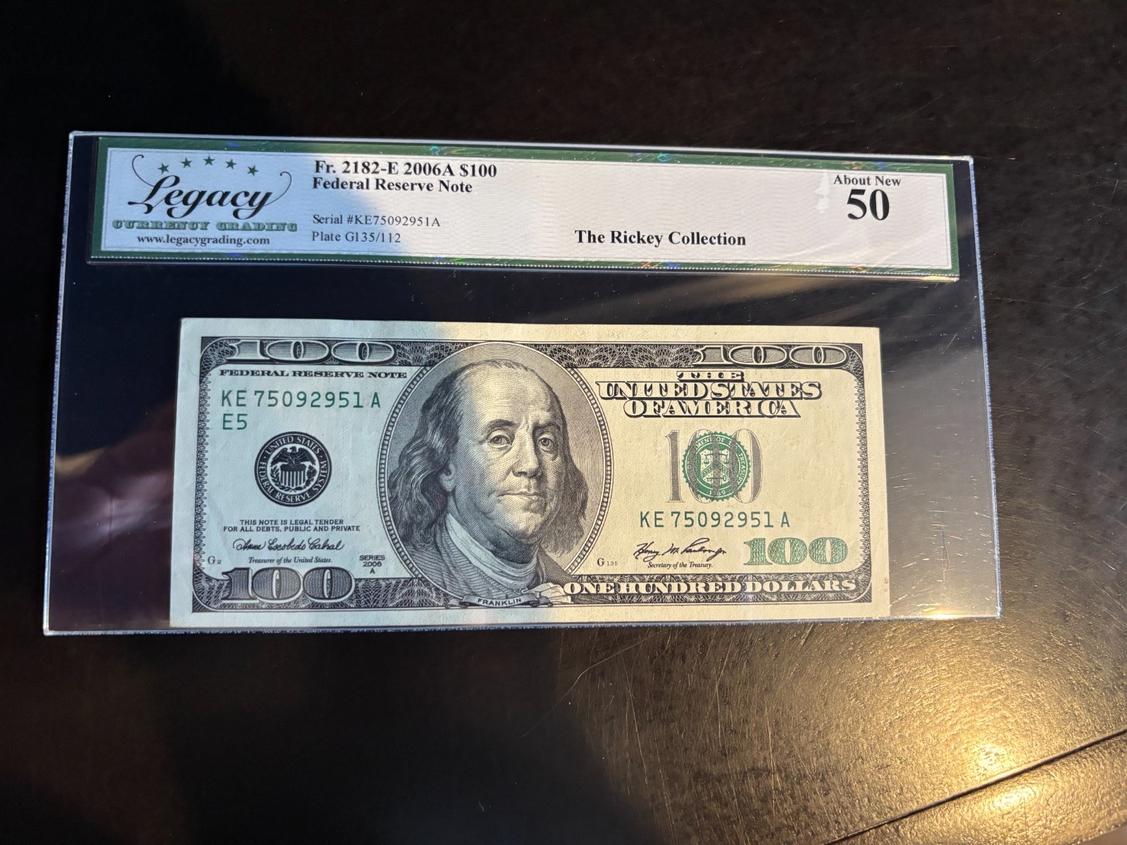 DBR 2006-A $100 FRN Richmond Fr. 2182-E Legacy AU-50 Serial KE75092951A