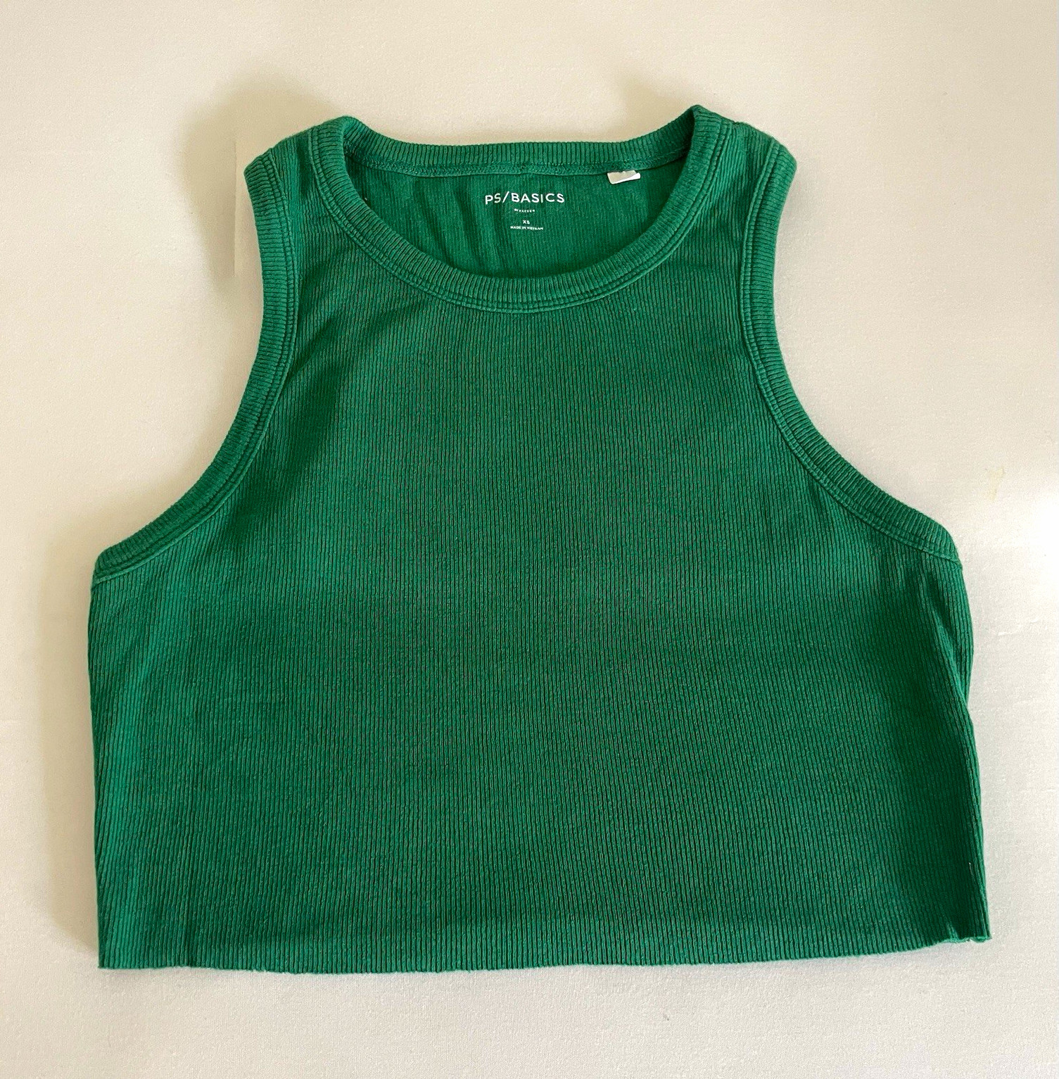 PS/BASICS Women’s XS Green Ribbed Knit Cropped Tank Top Cotton Stretch