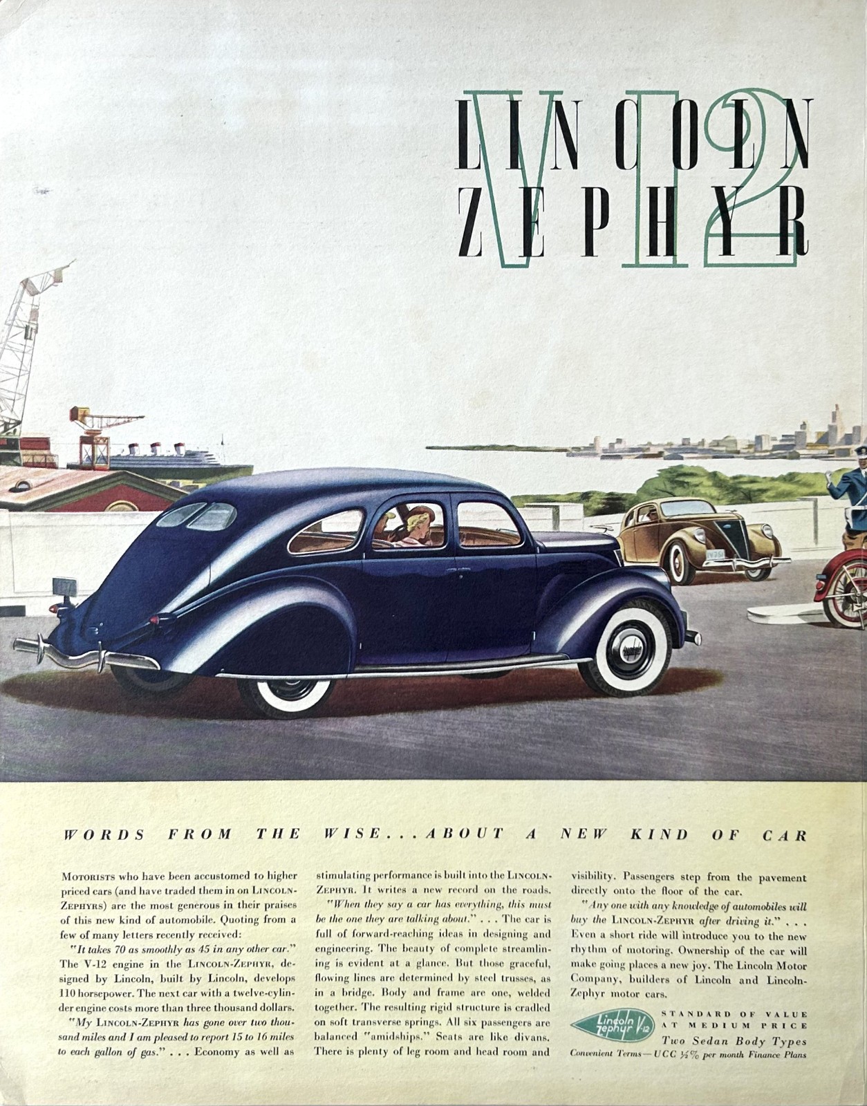 1936 Ad (10 3/4 X 14 inches) Lincoln Zephyr 110 HP V-12 15-16 MPG