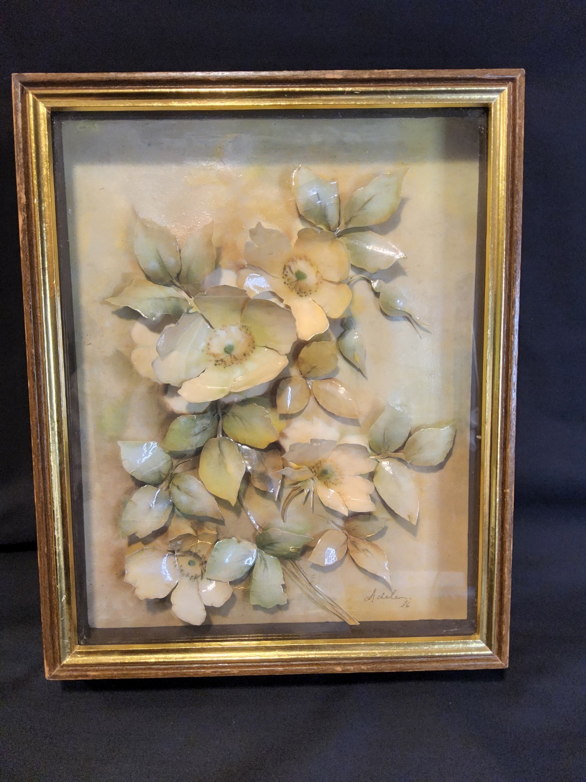 Adele Vintage 1976 - 3D Floral & Leaf Decoupage, Layered  Glass Tinsel Painting 