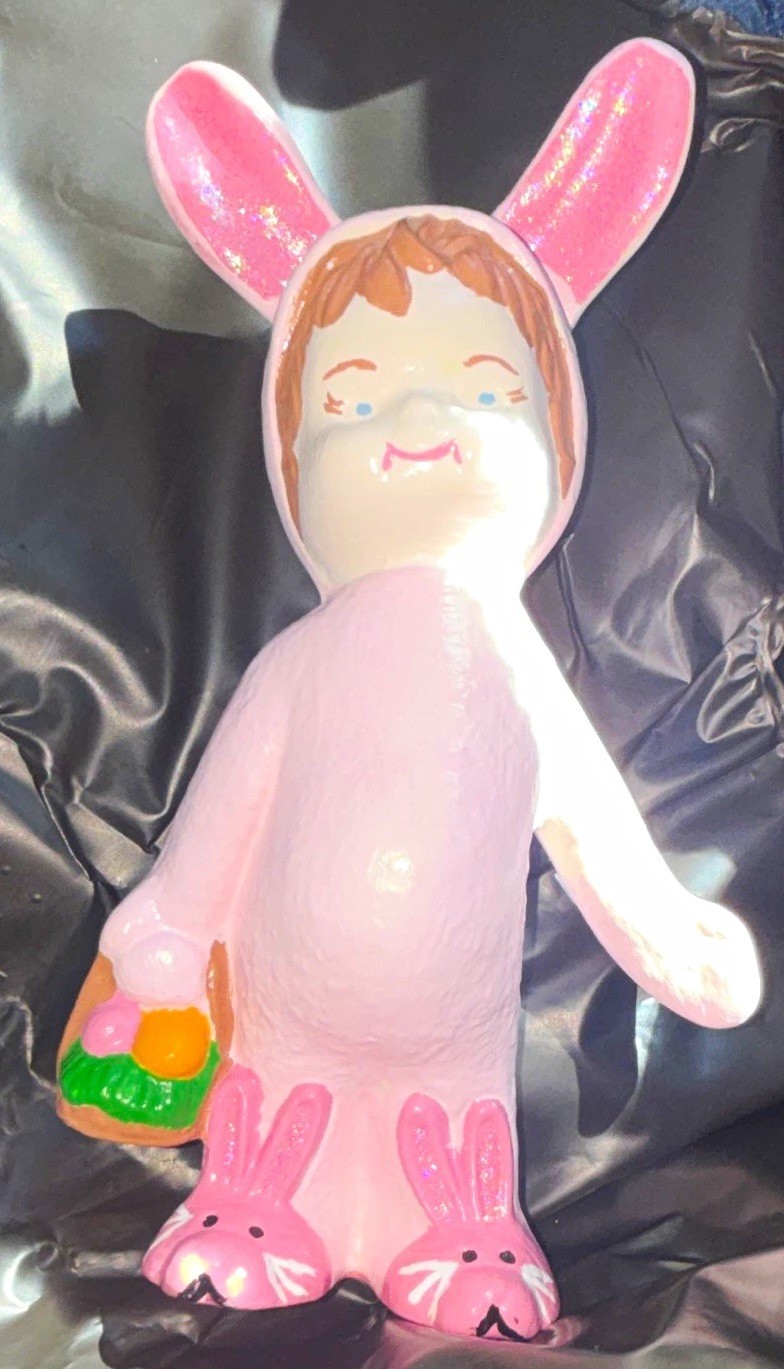 Vintage Ceramic Easter Kid in Pink Bunny Suit Figurine Hand Painted Kitsch AL