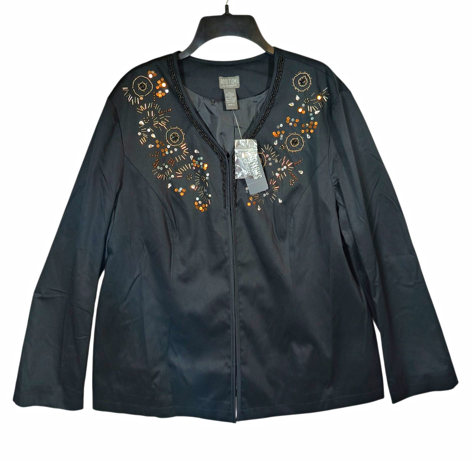 Additions by Chico\'s Womens Size 3 Black Embellished Beaded Sequin Jacket NWT