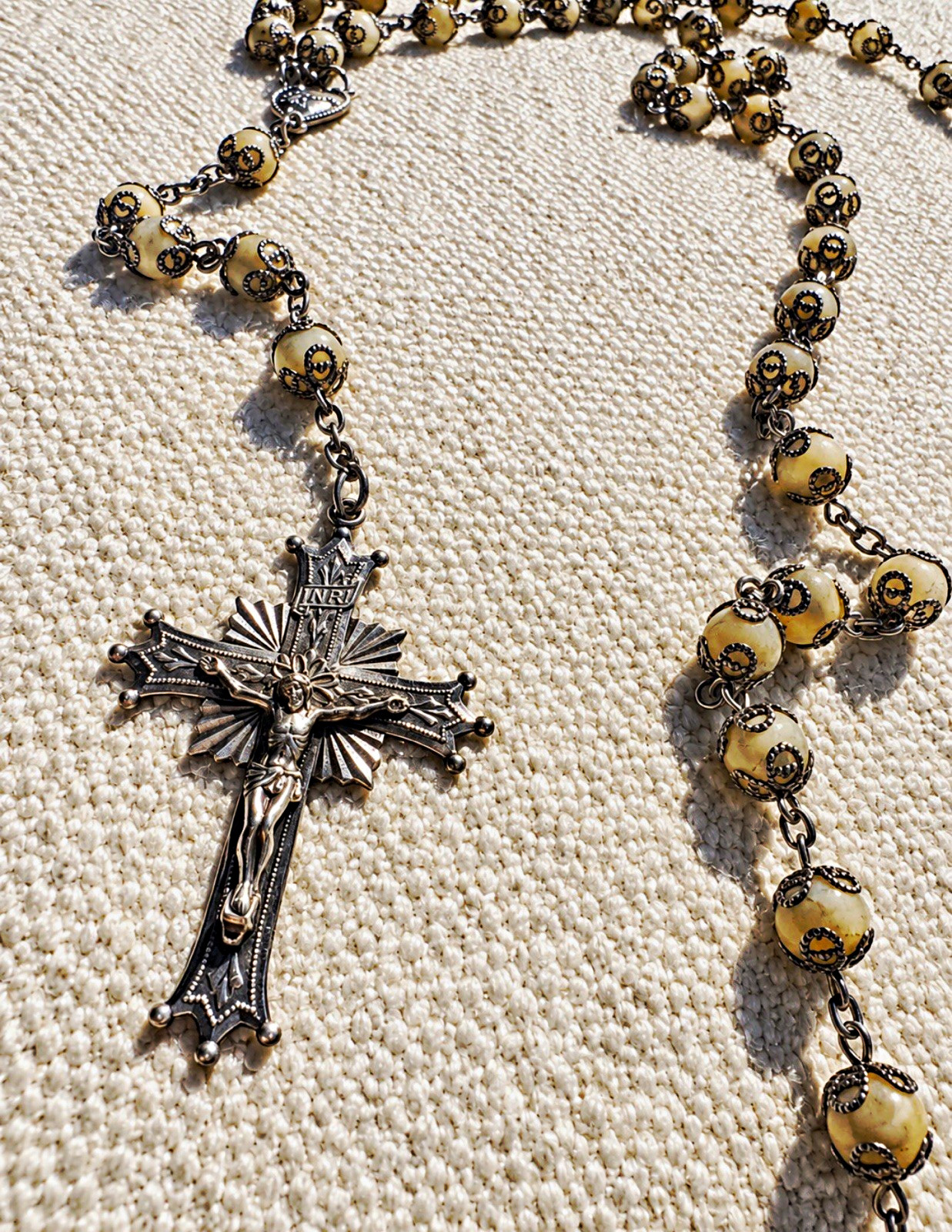 Vintage Sterling Silver & Genuine Mother of Pearl Rosary - Mid-Century