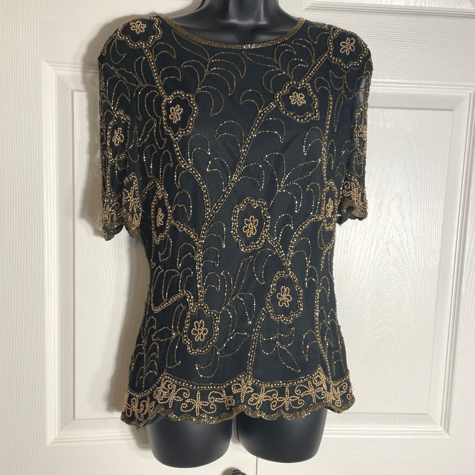 Vintage Stenay 80s Silk Shirt Women L Black Gold Beaded Short Sleeve Evening Top