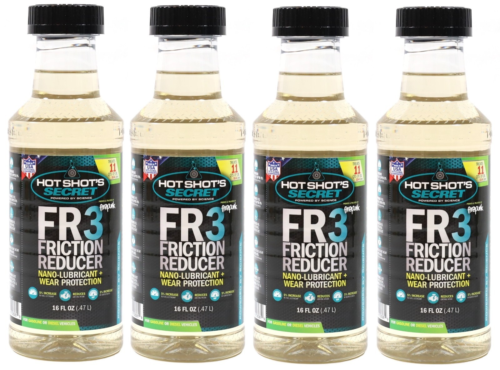 4 Pack Hot Shot\'s Secret FR3 Friction Reducer Oil Additive 16oz Bottle Diesel