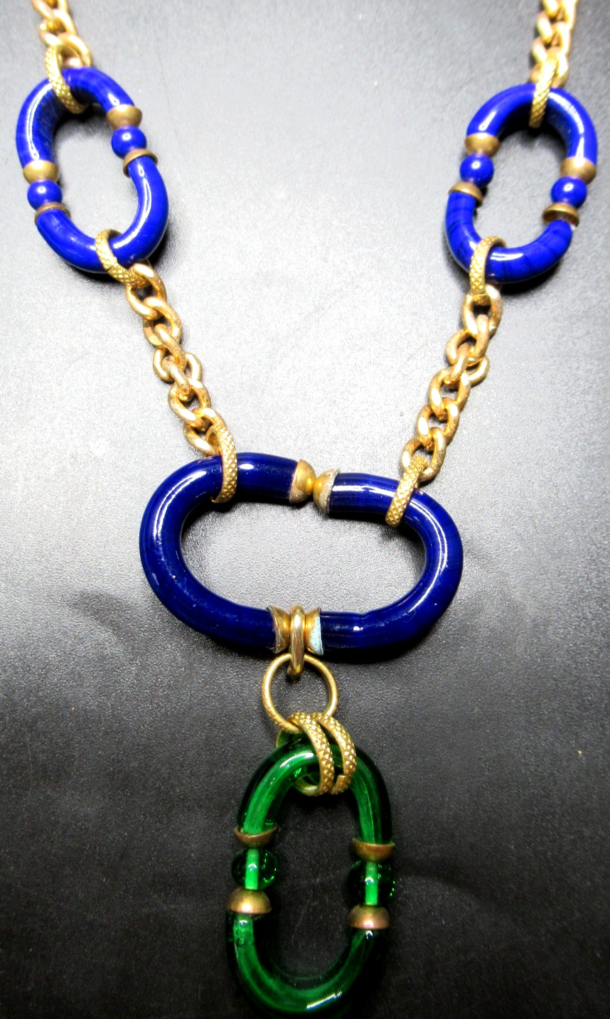 ARCHIMEDE SEGUSO Blue & Green Murano Glass Link Chain Vintage Necklace