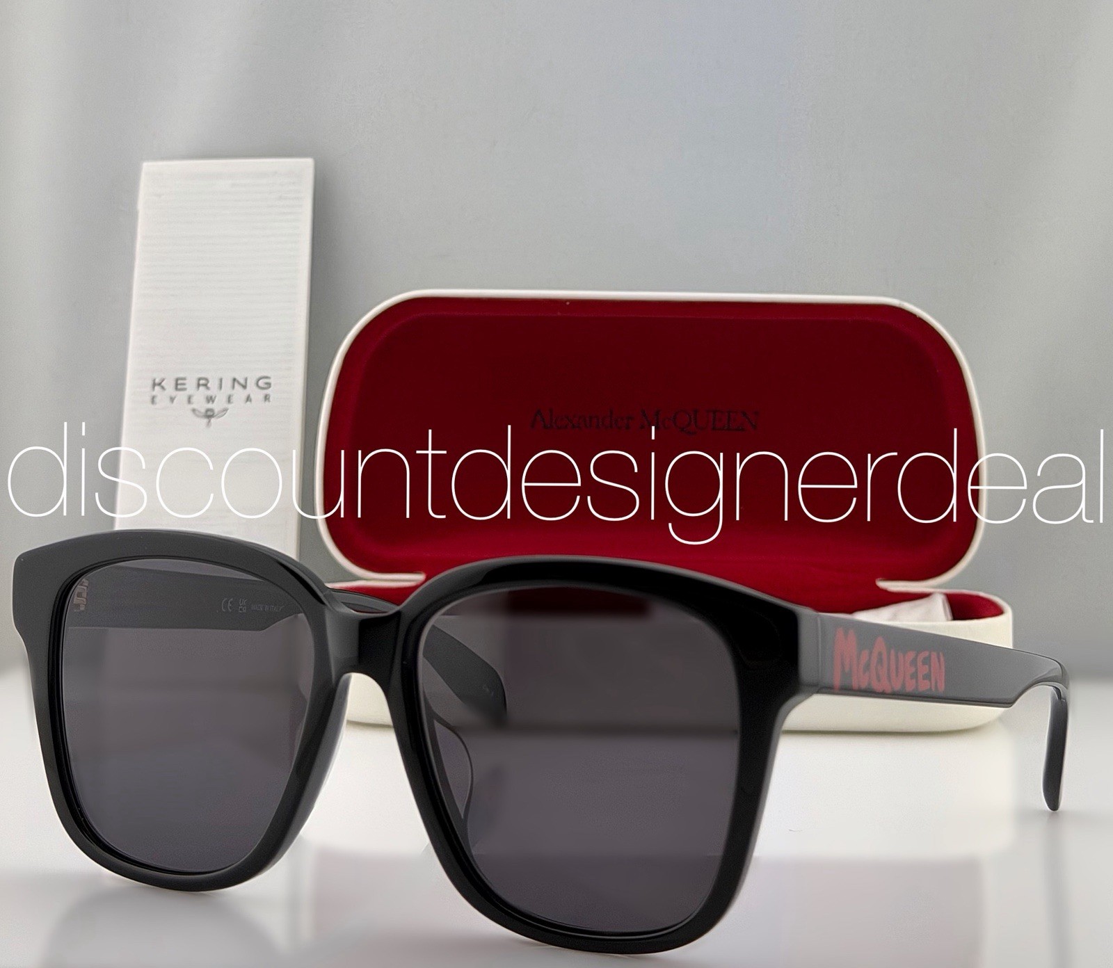 Alexander McQueen AM0331SK 002 Square Sunglasses Black Red Gray Lens 56mm NEW