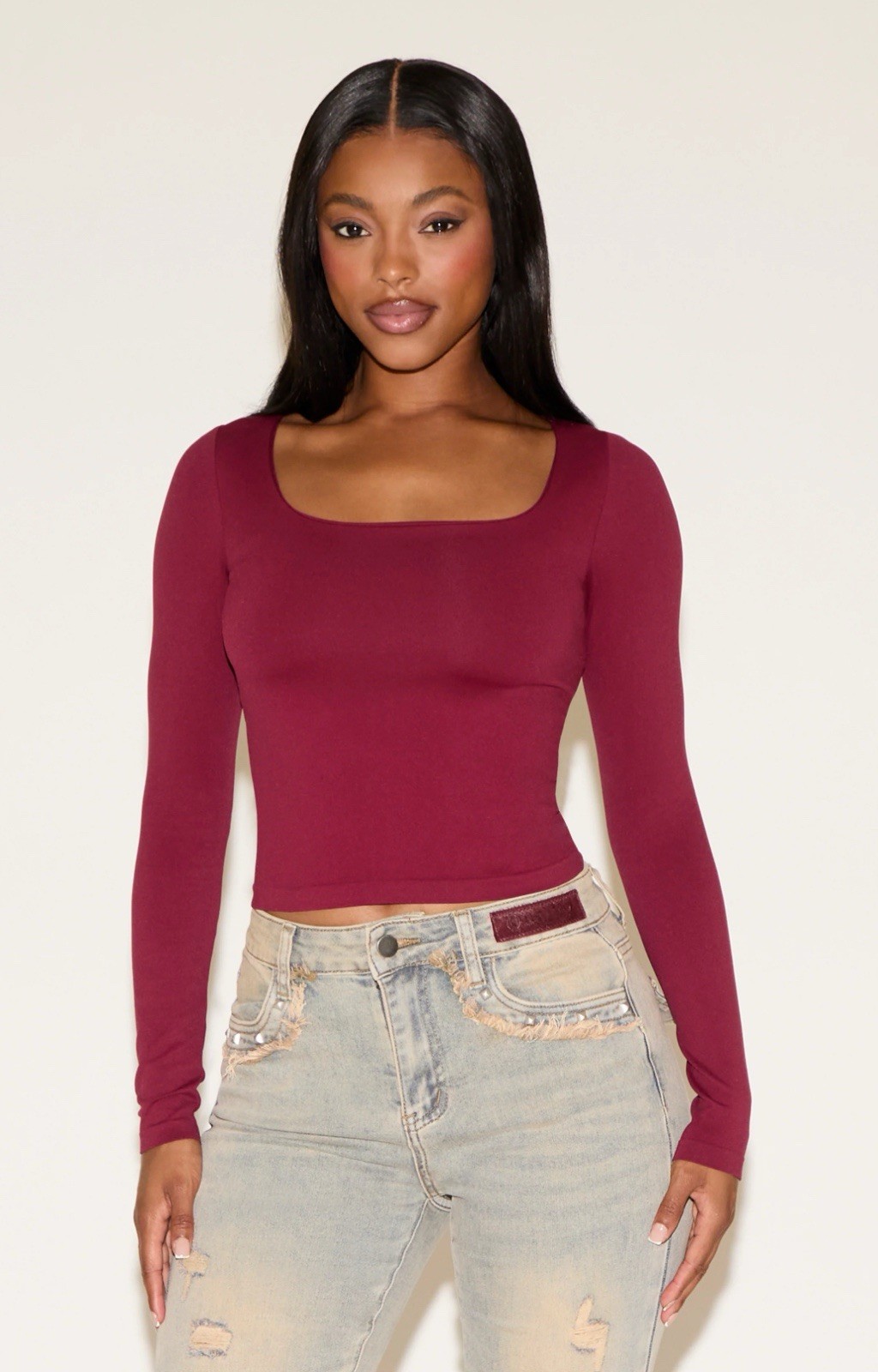 NEW Gaze Women’s M Cropped Blouse Square Neck Long Sleeve Burgundy