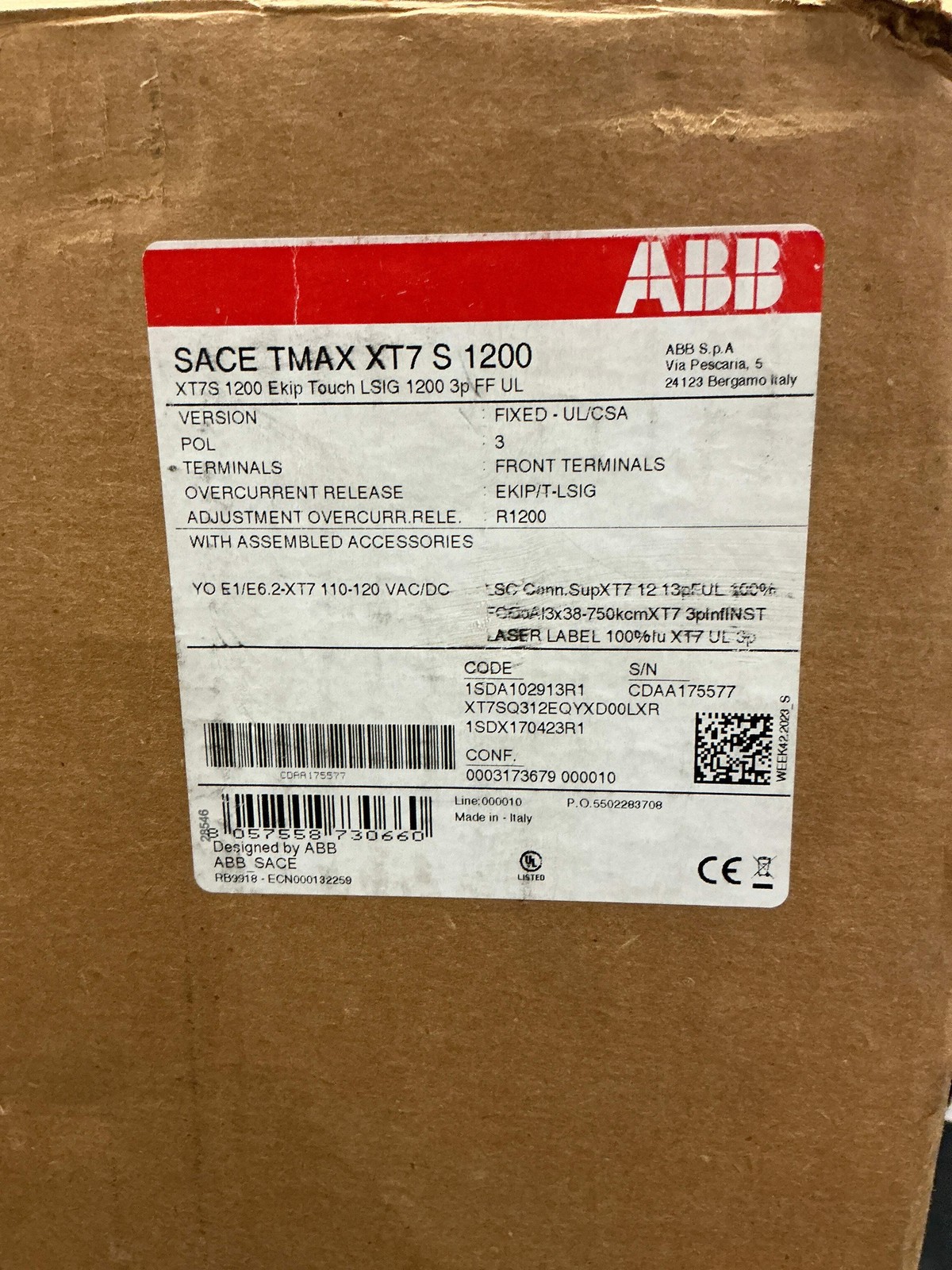 New ABB SACE TMAX XT7 S 1200 Amps, 3 Pole, 600 Volts Circuit Breaker