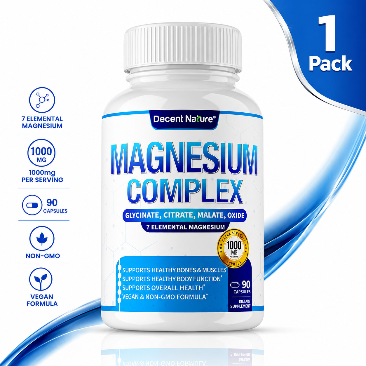 1-3 Pack Magnesium Supplement 1000mg Non-GMO 7 Element 90 Capsules Each