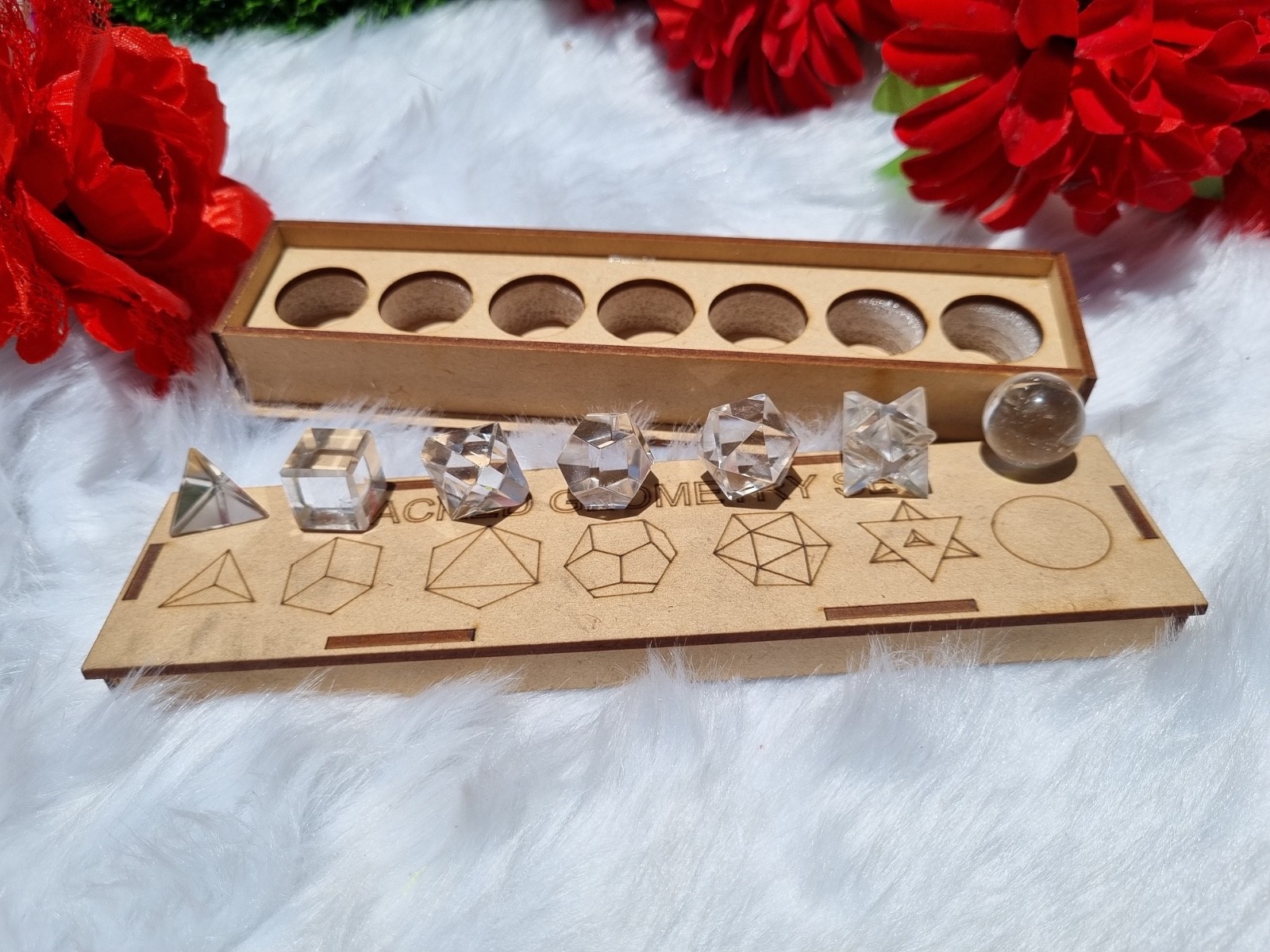 Natural Clear Quartz Sacred Geometry Set 7 Piece Crystal Platonic Solids Gift.