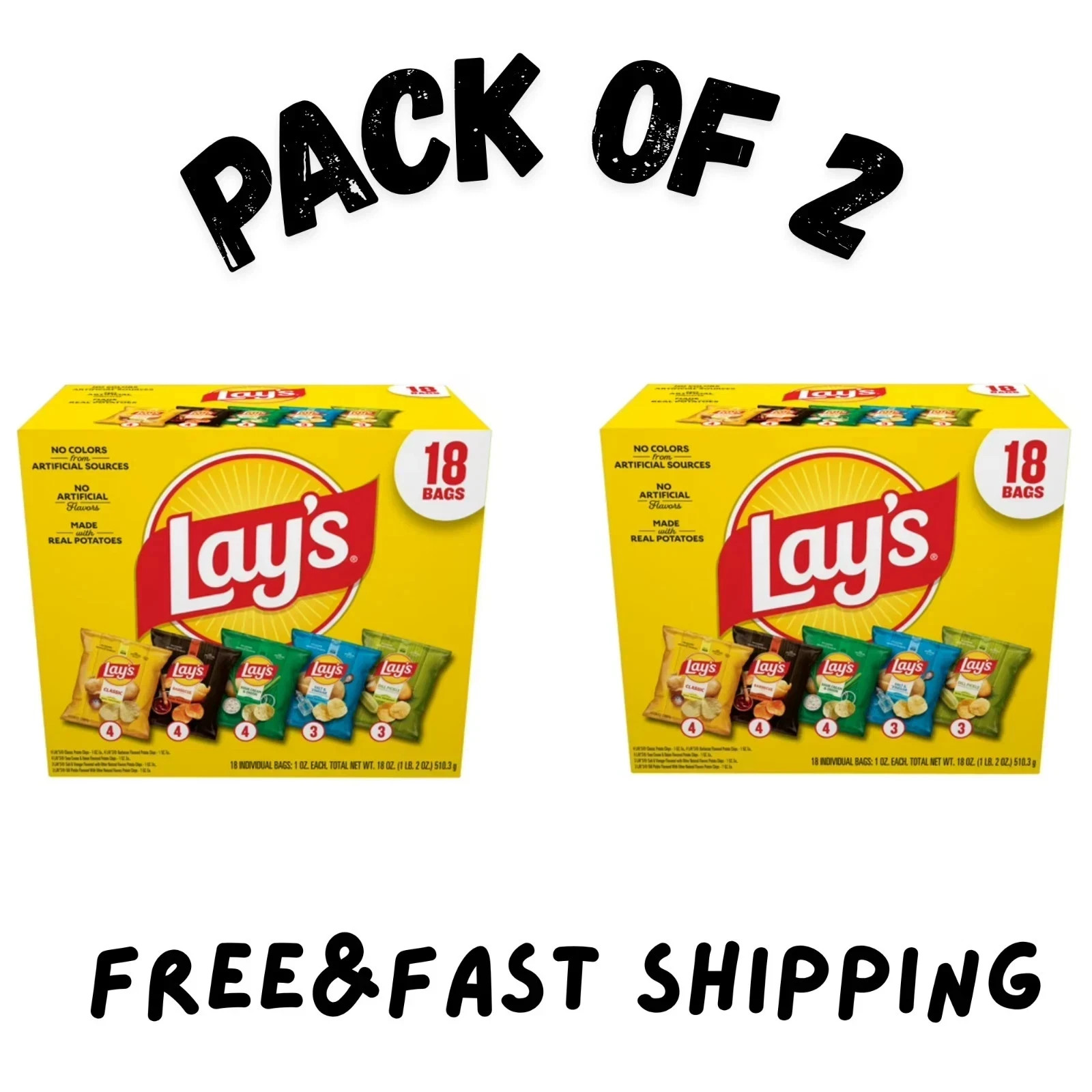 (2 PACK) Lay\'s Snacks Mix Potato Chips Variety Pack, 1 oz, 18 Count (2 PACK) Lay\'s Snacks Mix Potato Chips Variety Pack, 1 oz, 18 Count