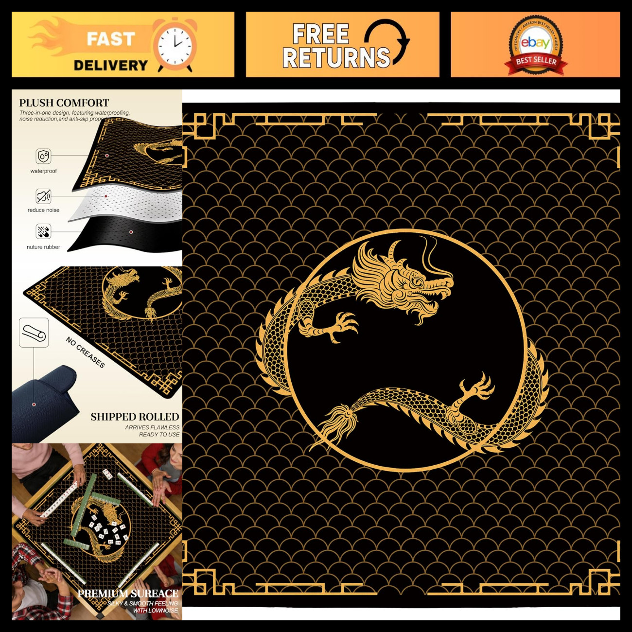 Vintage Black Gold Dragon Mahjong Mat 31.5