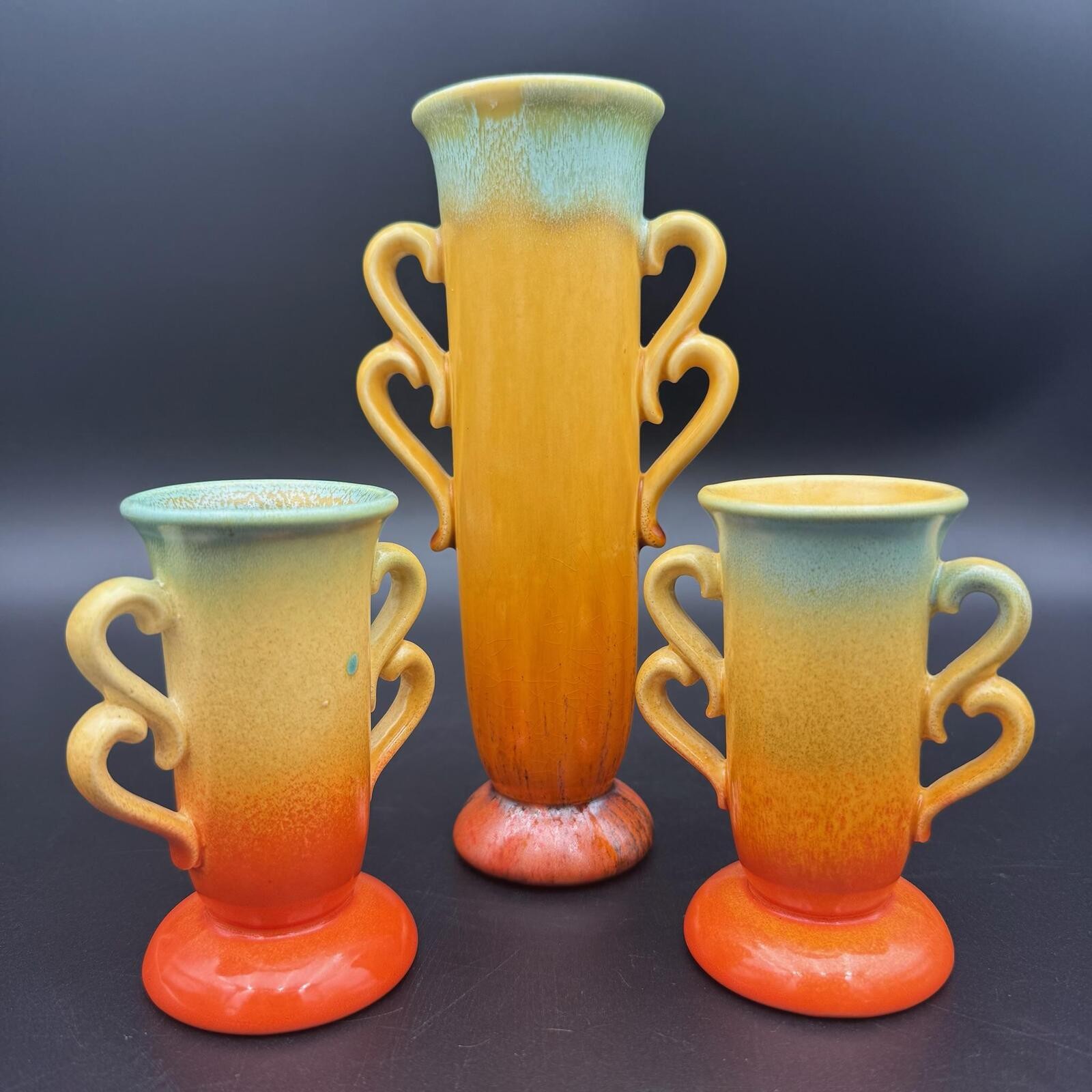 Vintage Stangl Pottery Sunburst Vase Set of 3 Orange Art Pottery
