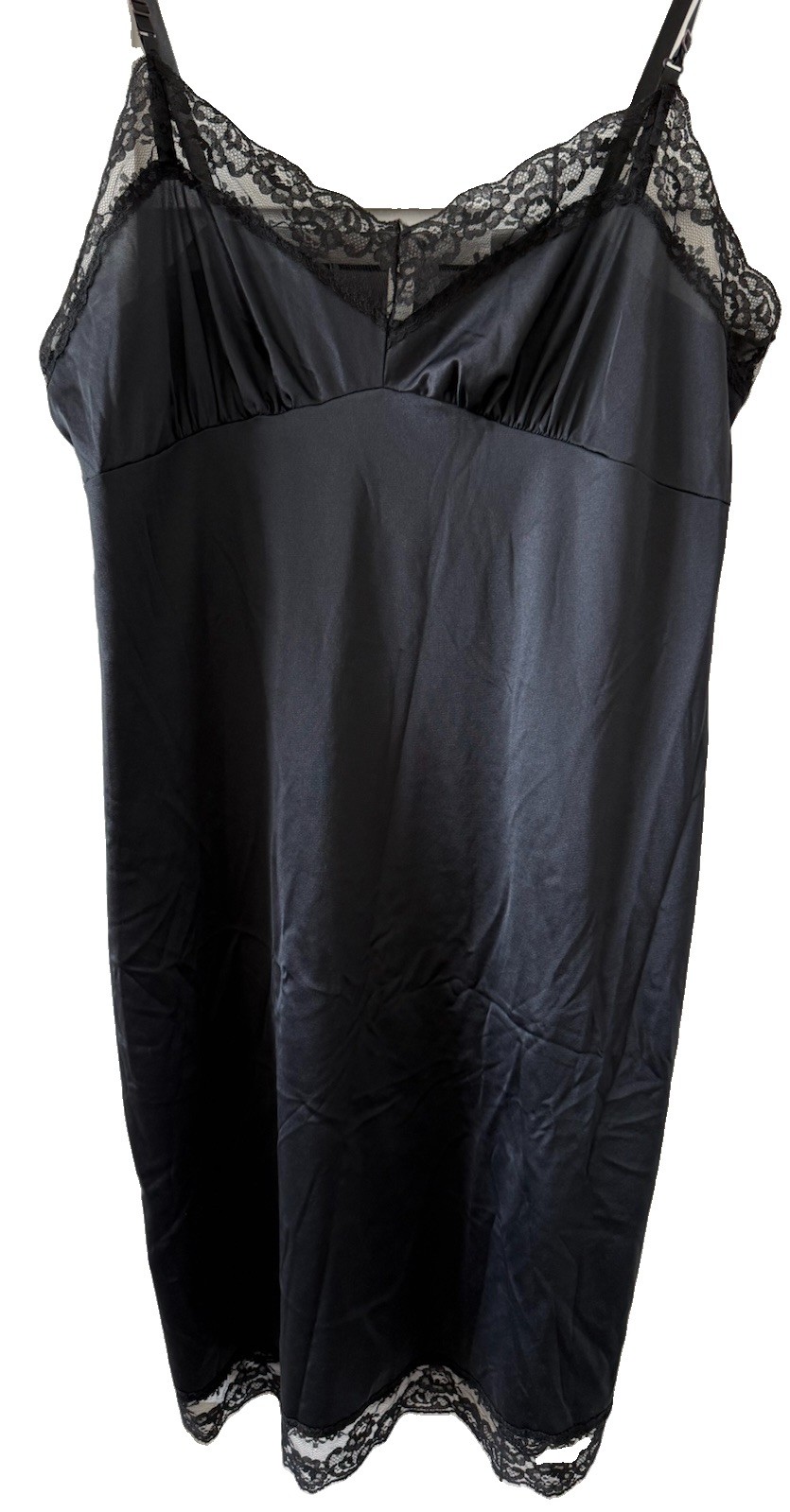 VTG 70s Harvey King Black Lace Slip Dress Nightgown Midi Made in USA Size 44 XL