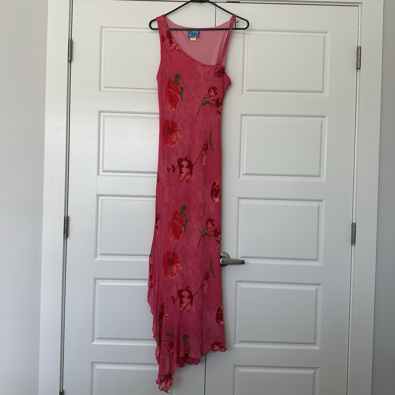 Vtg ISABELLA Pink Floral Ruffle Asymmetrical Slip Maxi Dress