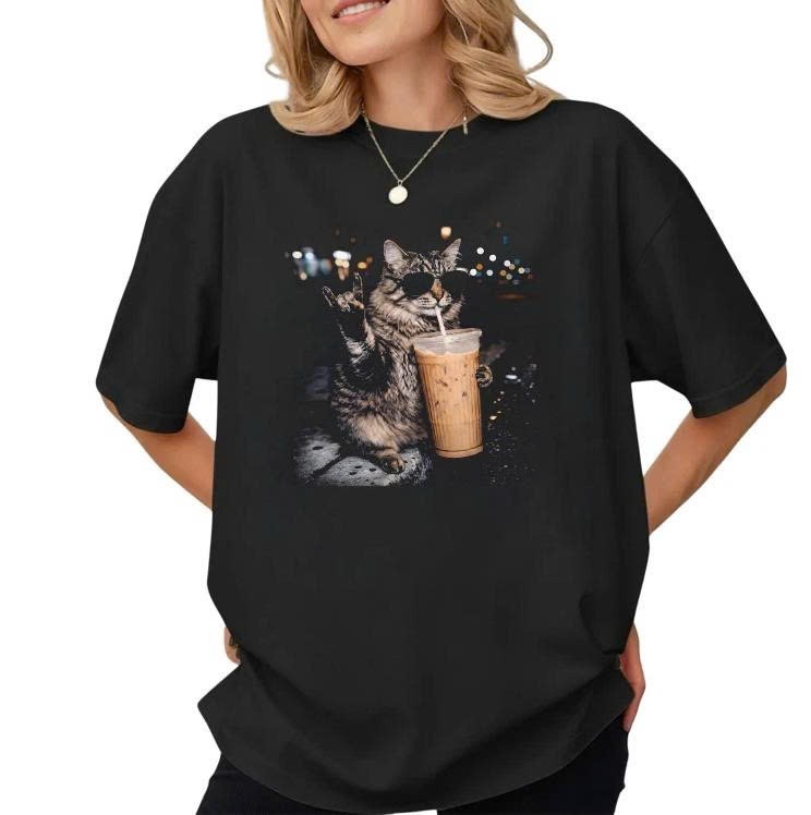 Retro Cat Drinking Iced Coffee Shirt, Funny Hip Hop Graphic Tee, Animal Meme Top