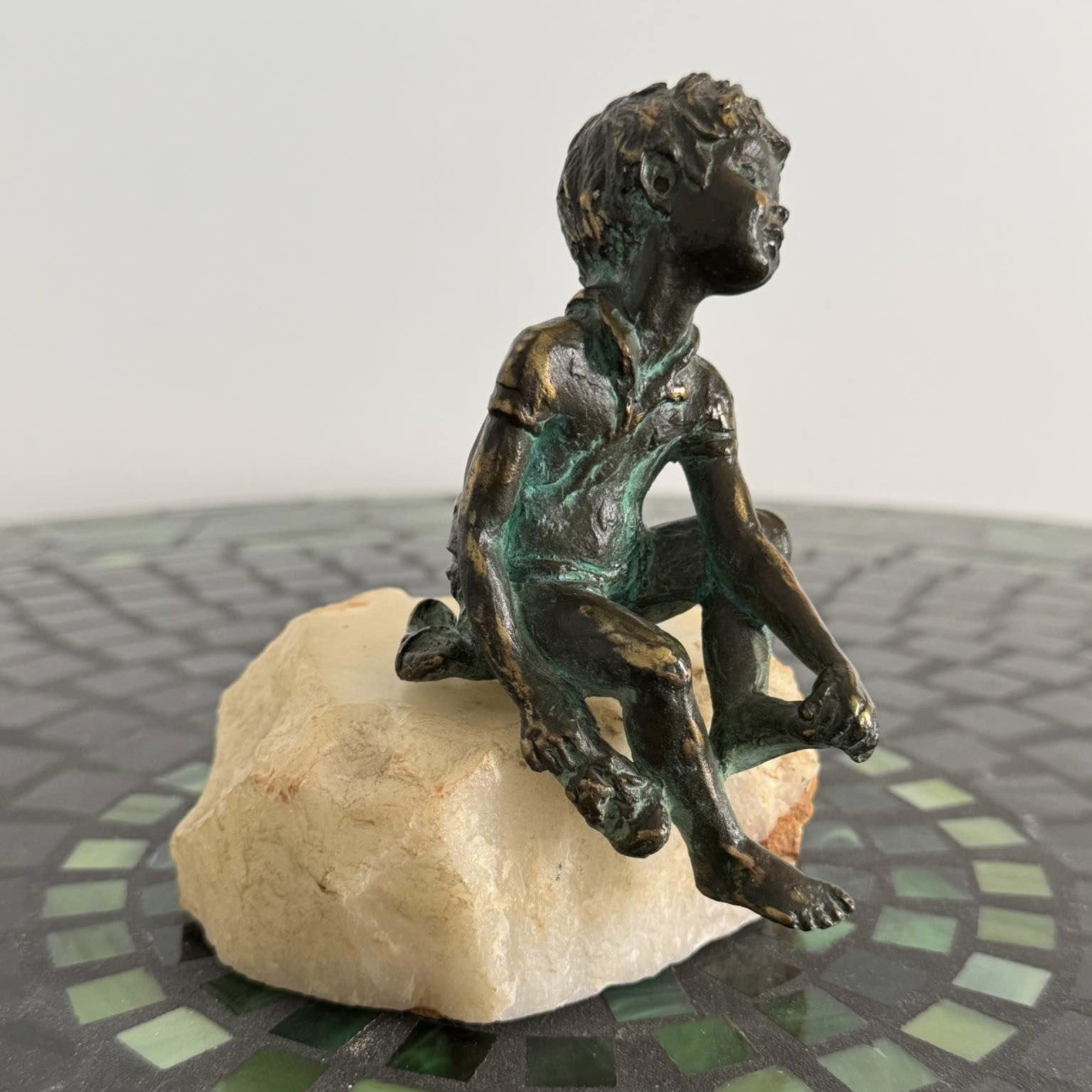 Vintage Bronze Boy Sculpture Mounted on Onyx Base