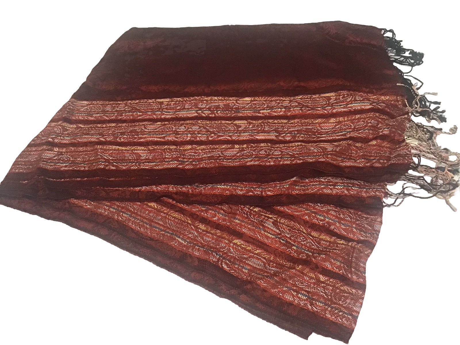Pashmina Silk Blend Striped Shawl Scarf Burgundy Black Turquoise Fringe Wrap U85