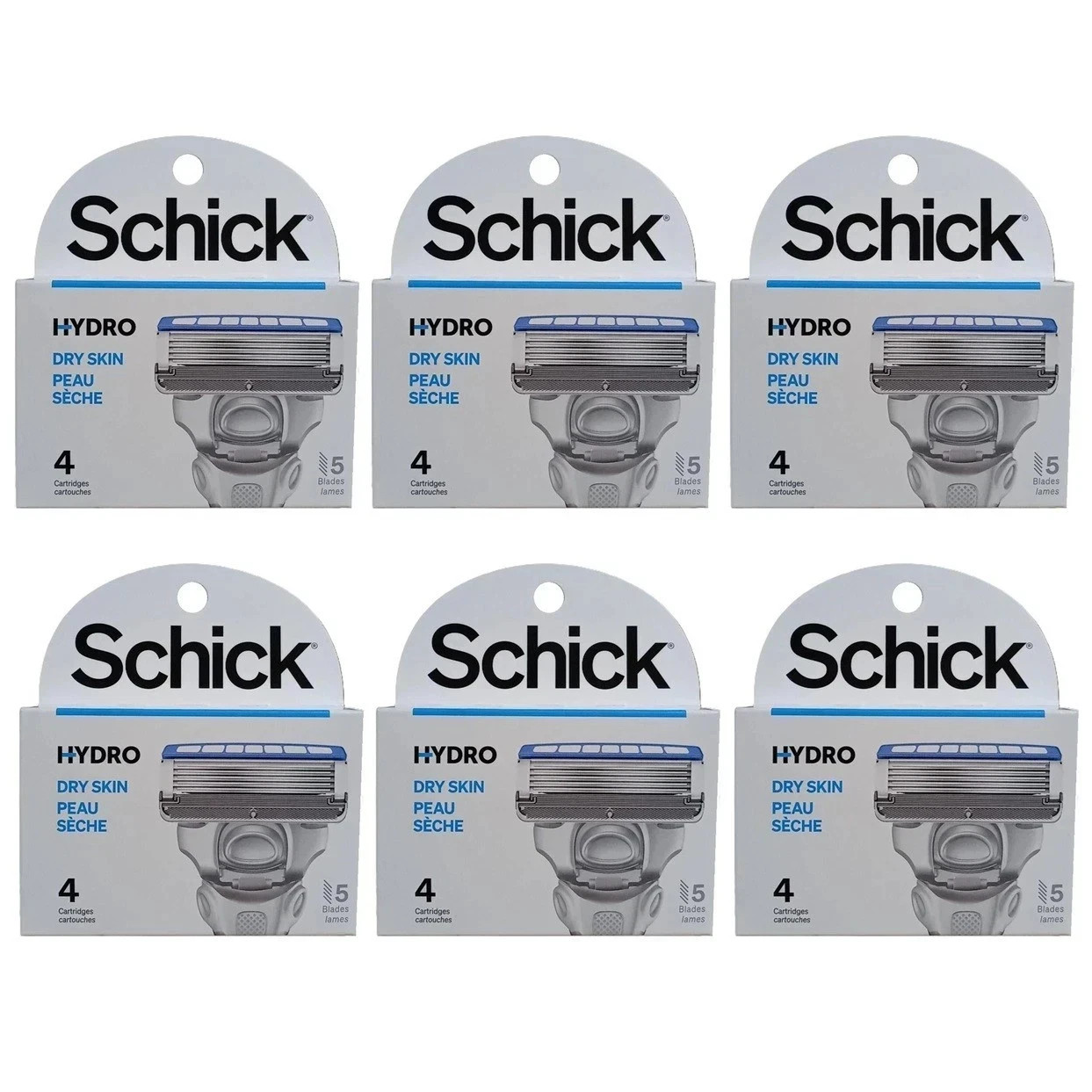 Schick Hydro Dry Skin 5 Blades Razor 4 Refills/ 6 Packs Total 24 Cartridges