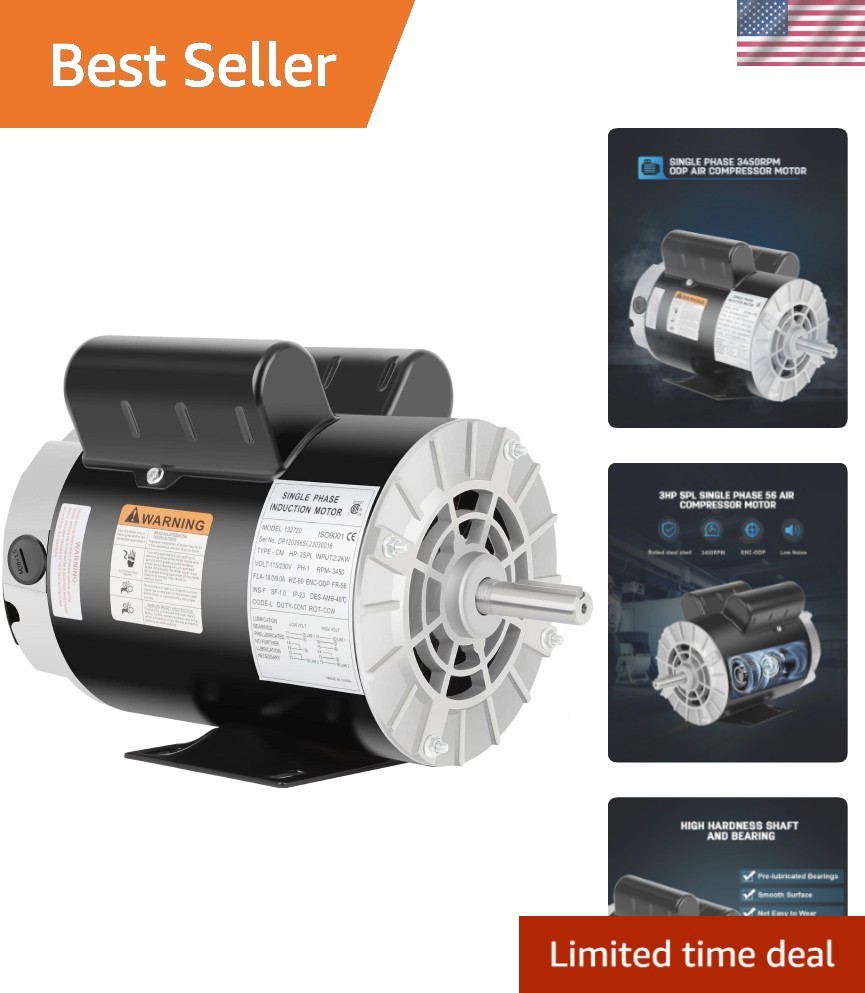 Air Compressor Electric Motor, 3HP SPL 3450 RPM, 115/230V Single Phase, 56 Fr...