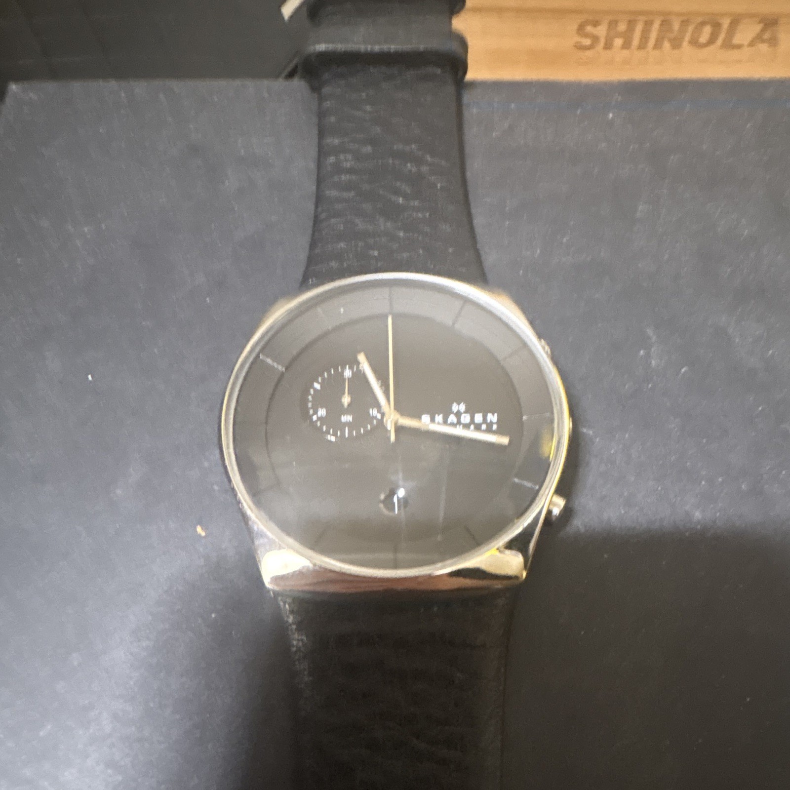 Skagen Men’s Chronograph Quartz Wristwatch Black Dial Silver Steel Leather 5ATM