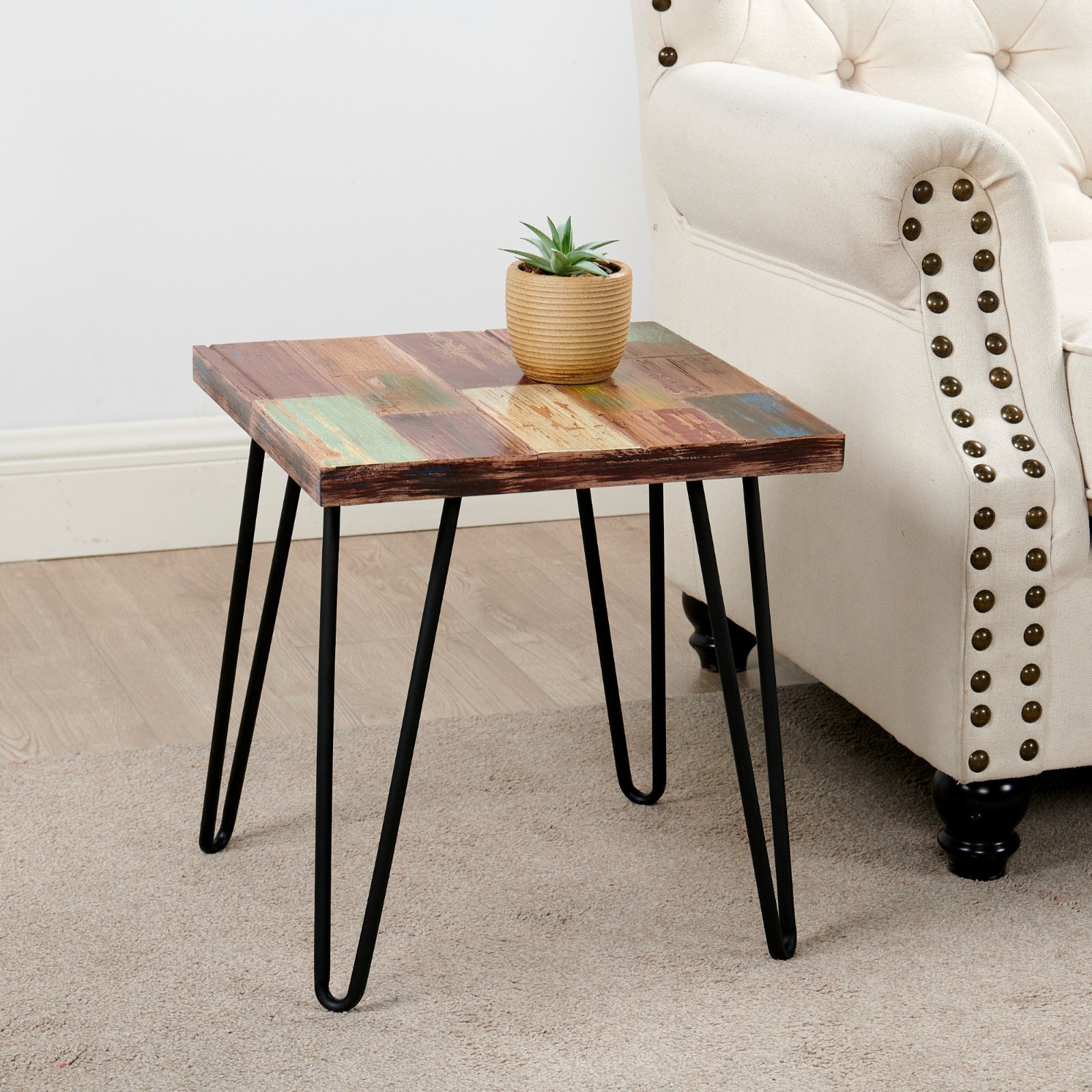 Greenage Reclaimed Wood Side Table with Carving Square Hairpin Legs End Table