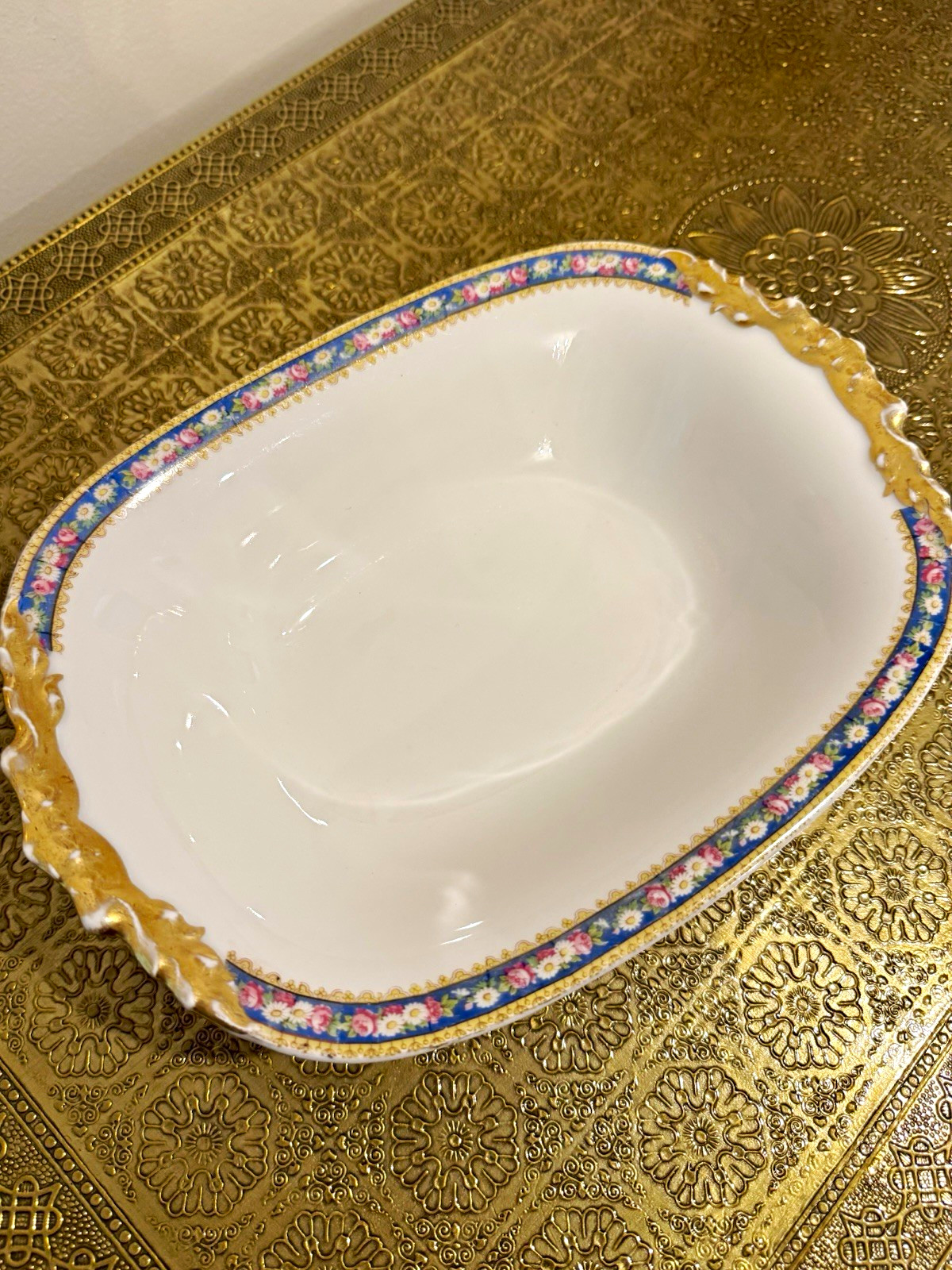 Porcelain Serving Platter- Jean Pouyat Limoges- Floral Blue Pink Gold Trim Porcelain Serving Platter- Jean Pouyat Limoges- Floral Blue Pink Gold Trim