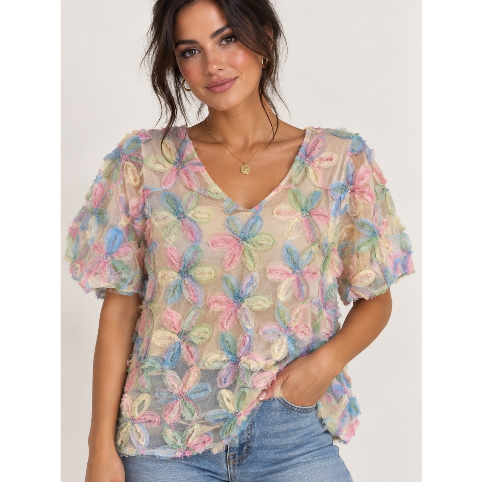 Umgee Pastel Multicolor Floral Sheer V-Neck Blouse