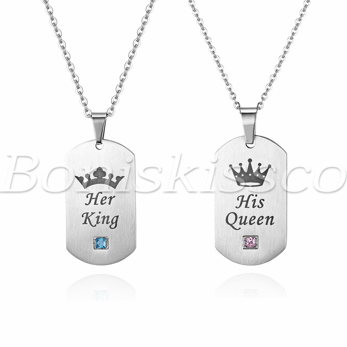 2pcs Unique His Queen/Her King Stainless Steel Zirconia Pendant Chain Necklace 2pcs Unique His Queen/Her King Stainless Steel Zirconia Pendant Chain Necklace