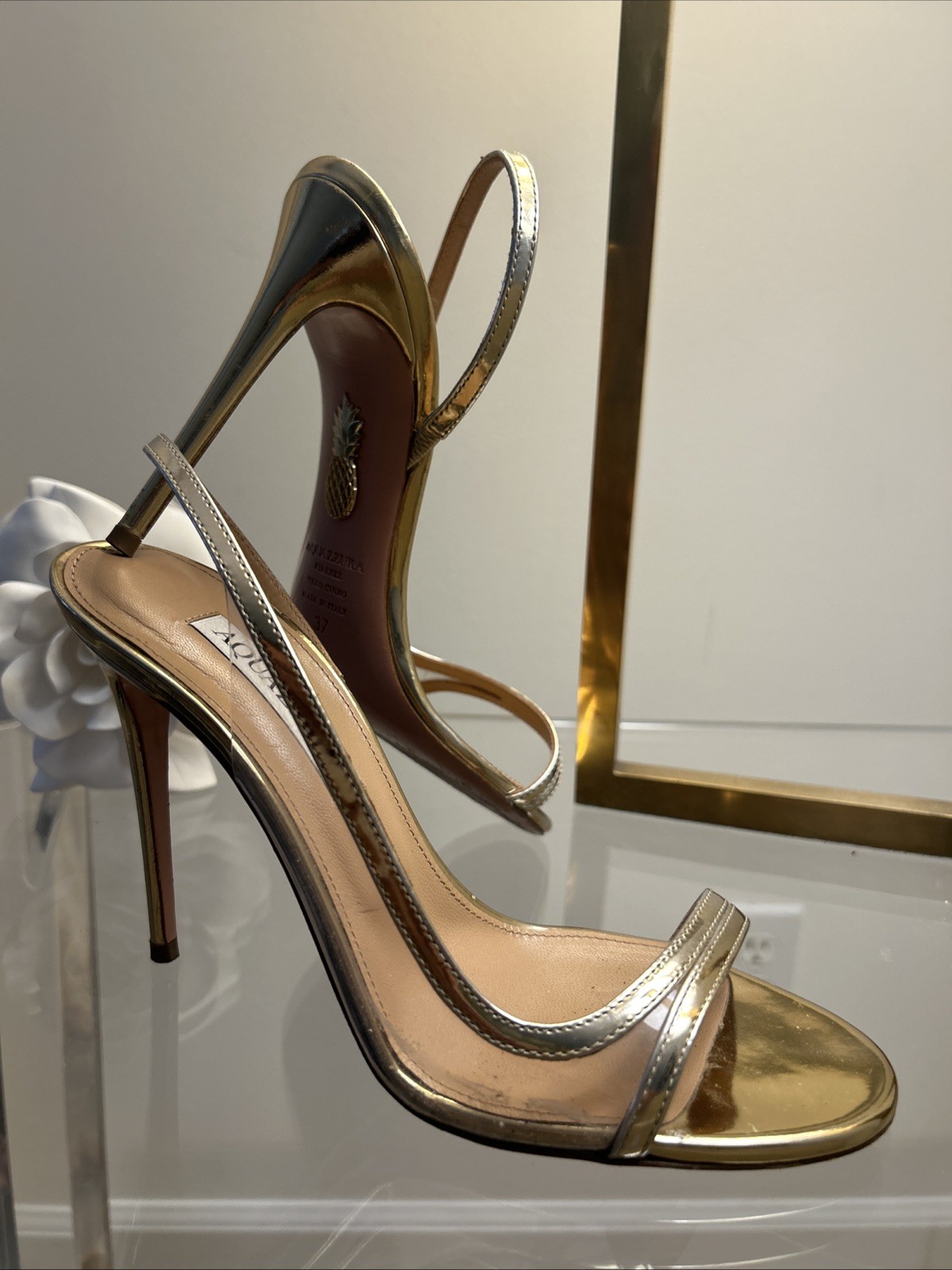 Aquazzura Firenze Stiletto Crystal/ Gold Ankle Strap Aquazzura Firenze Stiletto Crystal/ Gold Ankle Strap