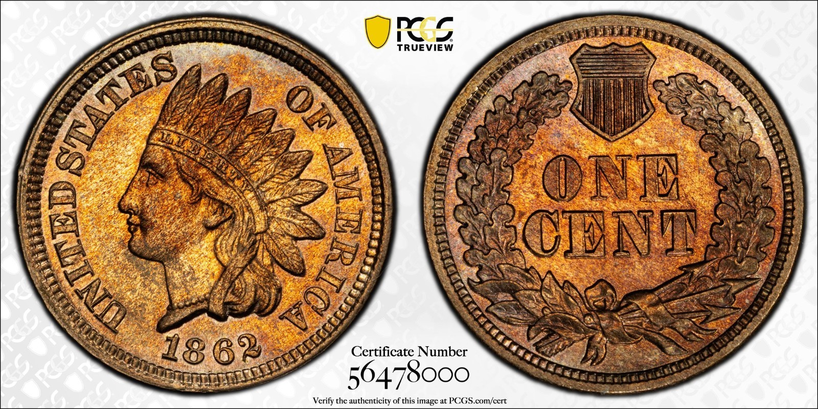 1862 Indian Head Cent  PCGS MS 63  Nicely Toned UNC Type w/ Sharp Eye Appeal