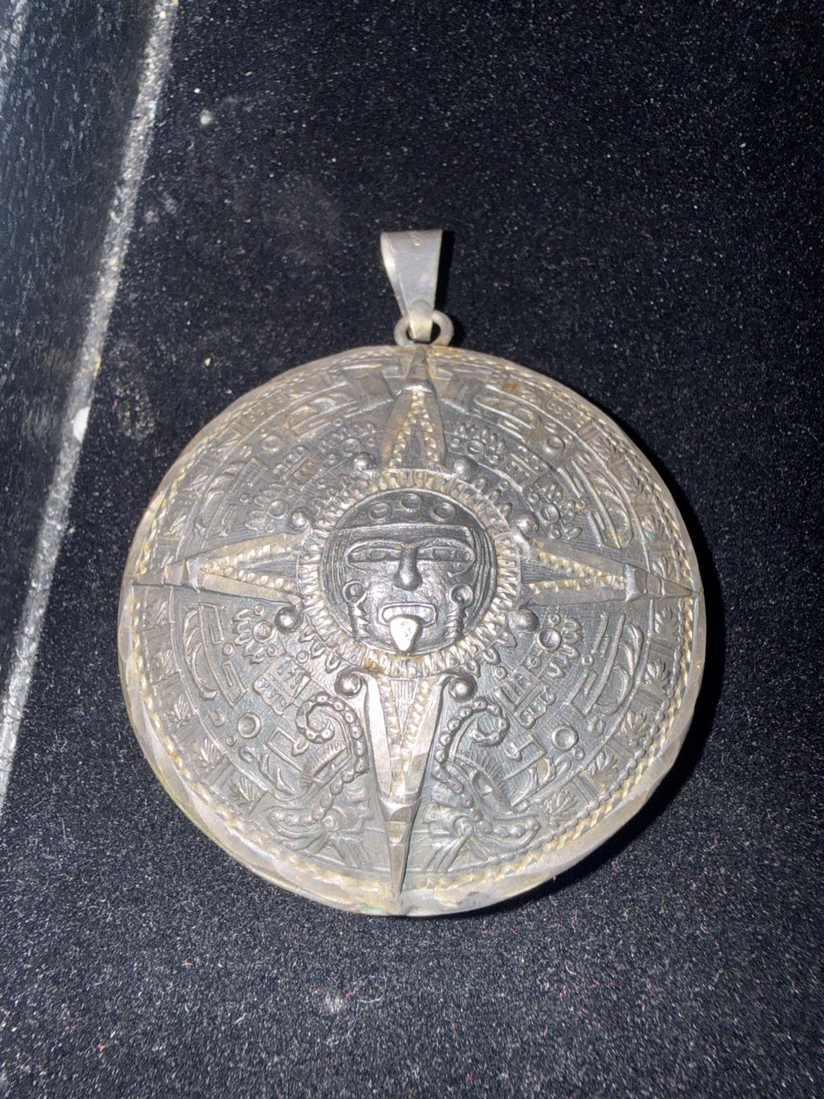vintage HECTOR AGUILAR Taxco STERLING  PUFFY Aztec MAYAN sun CALENDAR pendant Lg