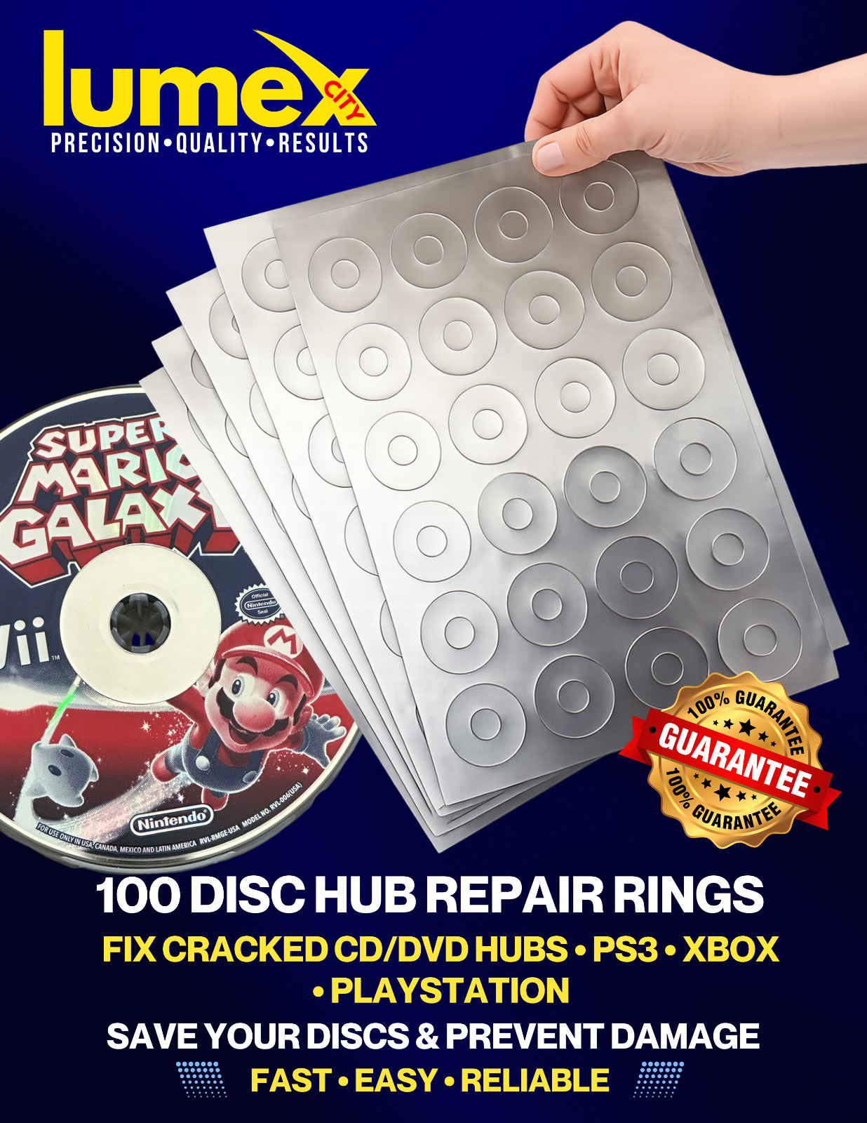 100 Disc Hub Repair Rings Fix Cracked CD DVD PS3 Xbox PlayStation Disc