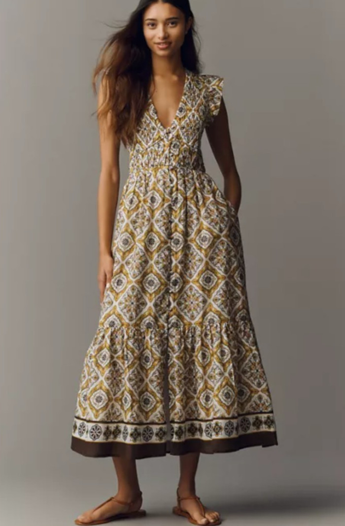 Anthropologie Women\'s Ivory/Ochre-Yellow Multi The Peregrine Midi Dress $168 L