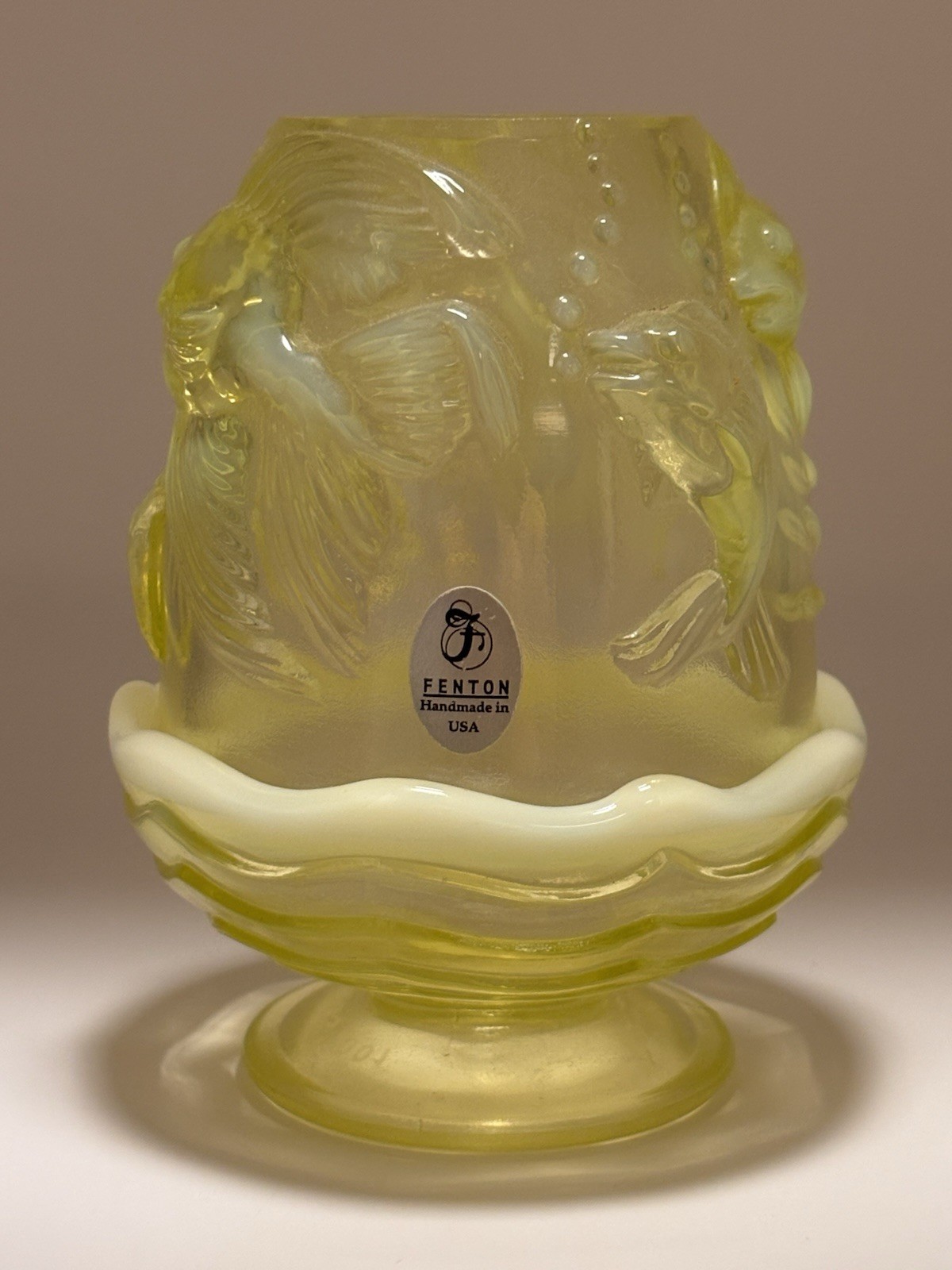 Fenton Topaz Opalescent Atlantis Fairy Lamp Uranium Glass Signed Bill Fenton FGS