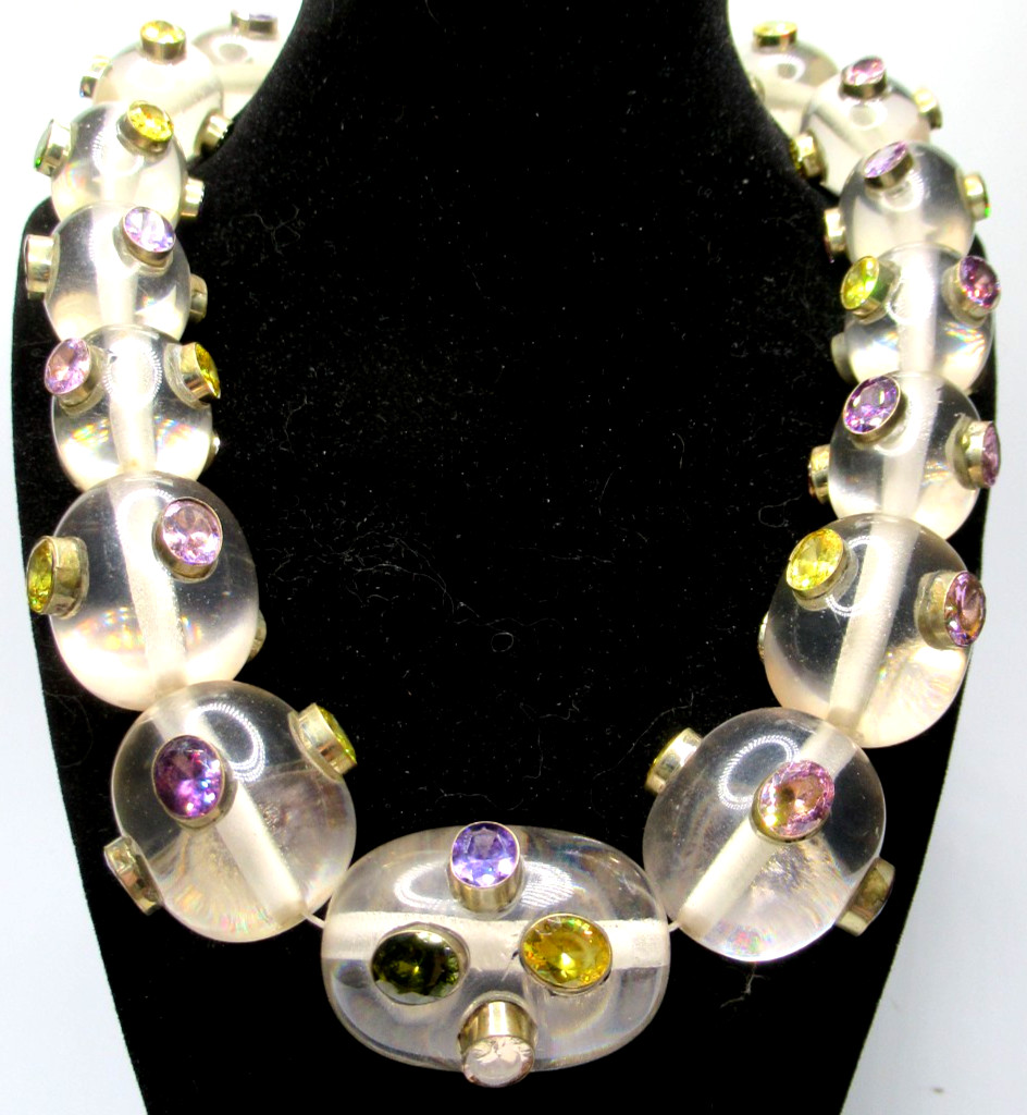 Amazing HUGE Clear Lucite Bead Bezel Set Genuine Gemstone Necklace