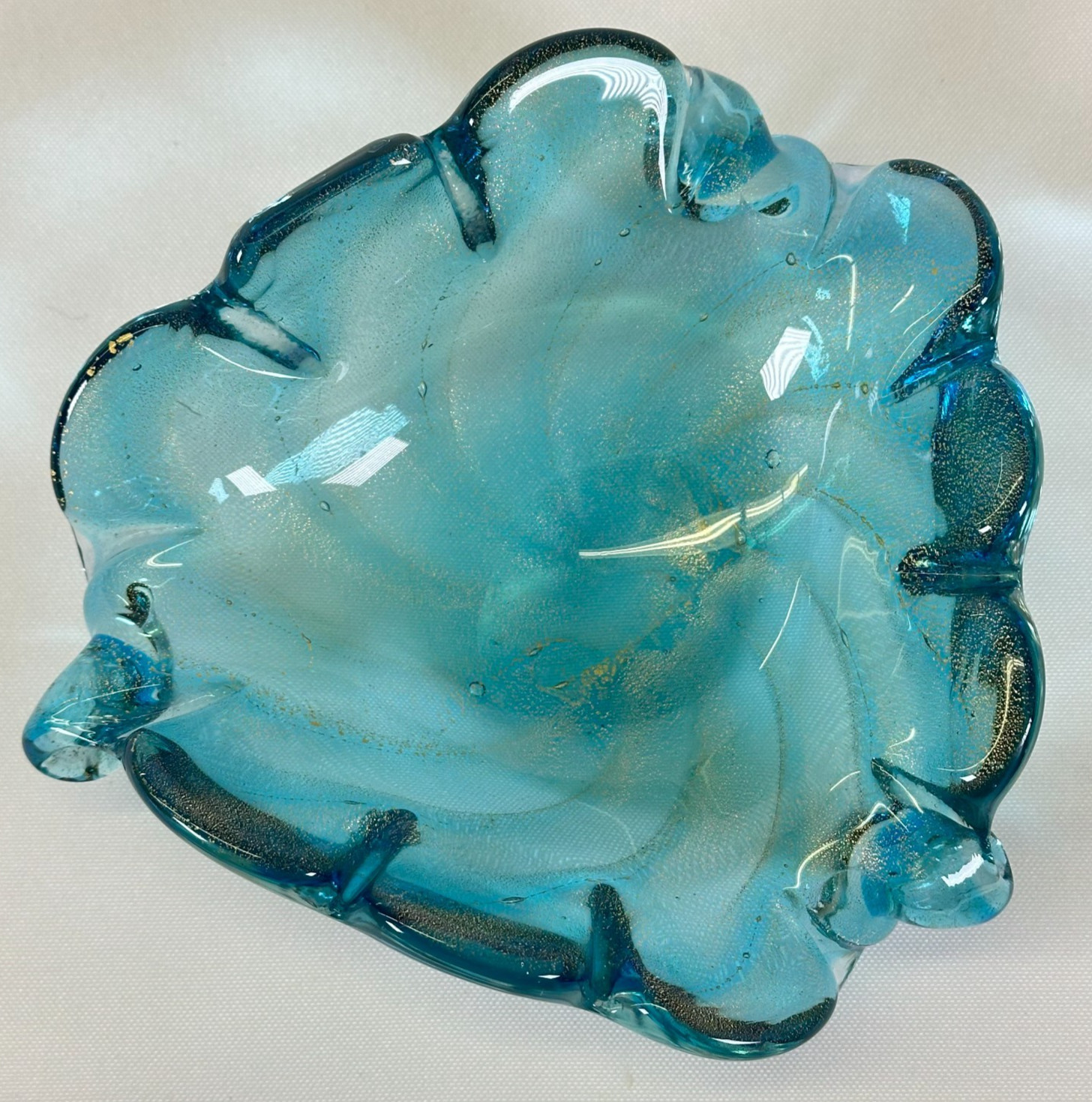 Vintage Murano Style Aqua Blue Gold Aventurine Ruffled Art Glass Bowl 6