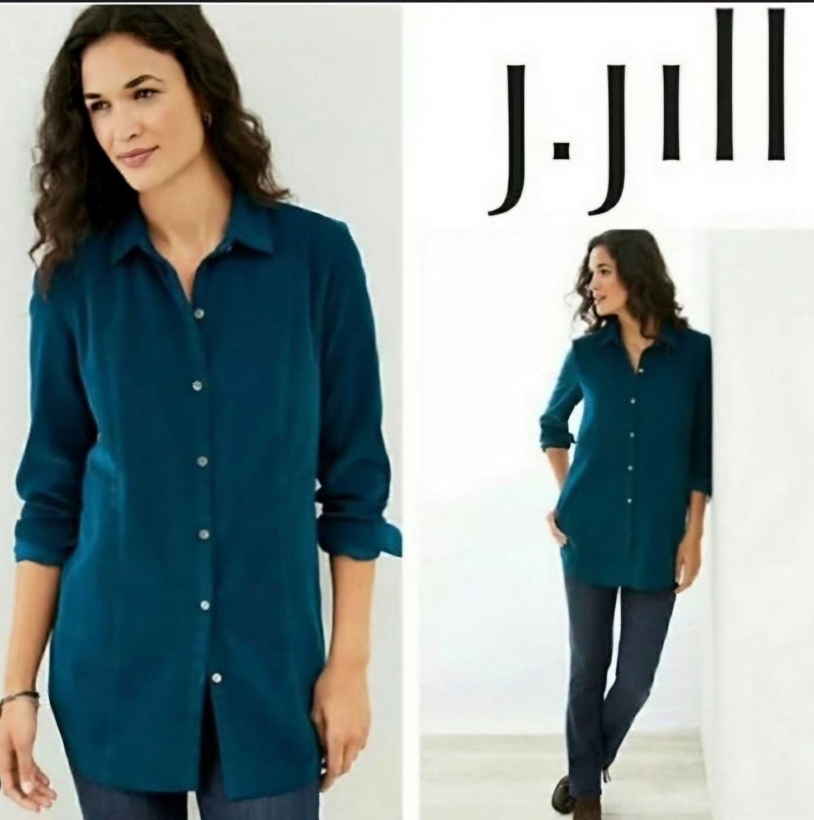 J. Jill Women M Princess Stitch Corduroy Tunic Button Up Teal Fall Classy Preppy