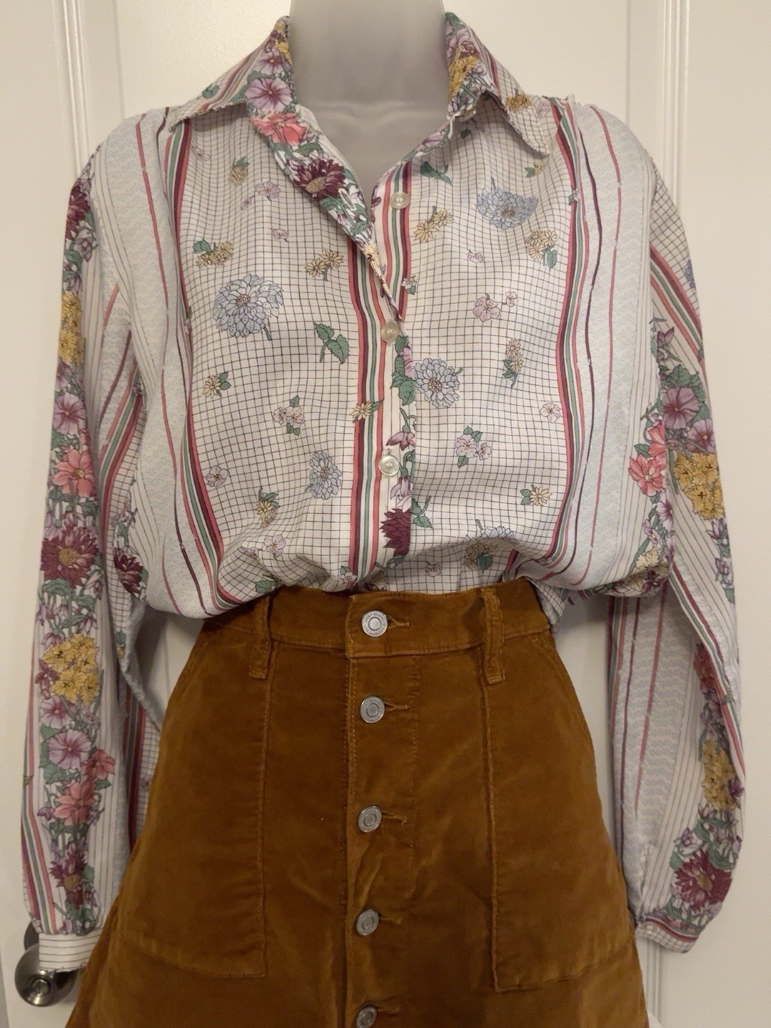Vintage Alice Stuart Floral Stripe Button Down Blouse 70s 80s Cottagecore