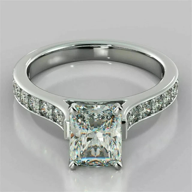 Ring Set 2.22Ct Radiant Cut Lab Created Diamond Solitaire 14k White Gold Plated