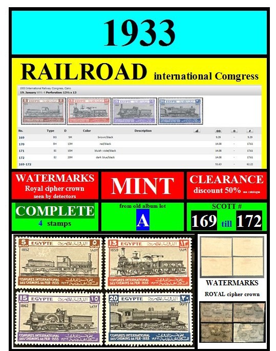 EGYPT stamps-1933-A-MINT-WATERMARKS-RAILROAD-COMPLETE-Scott# 169 to 172