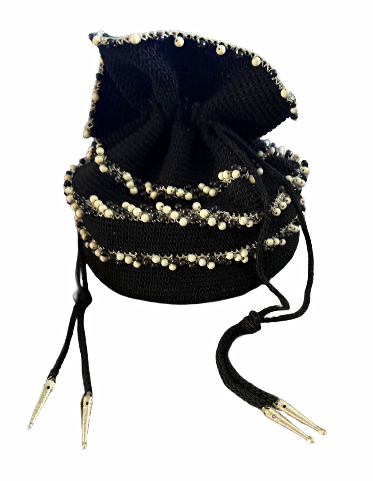 ❣️FAB Authentic 1940s Vintage Black Crochet Drawstring Evening Bag (Reticule)