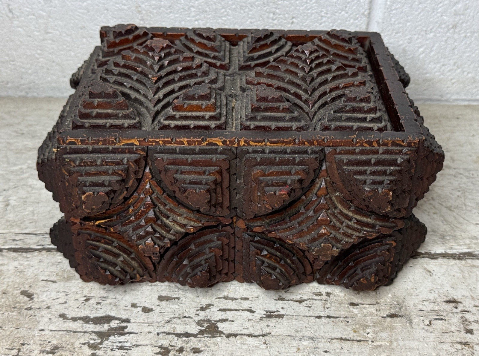 Antique Hand Made Chip Carved Wood Tramp Art Slide Lid Box Velvet Geometric