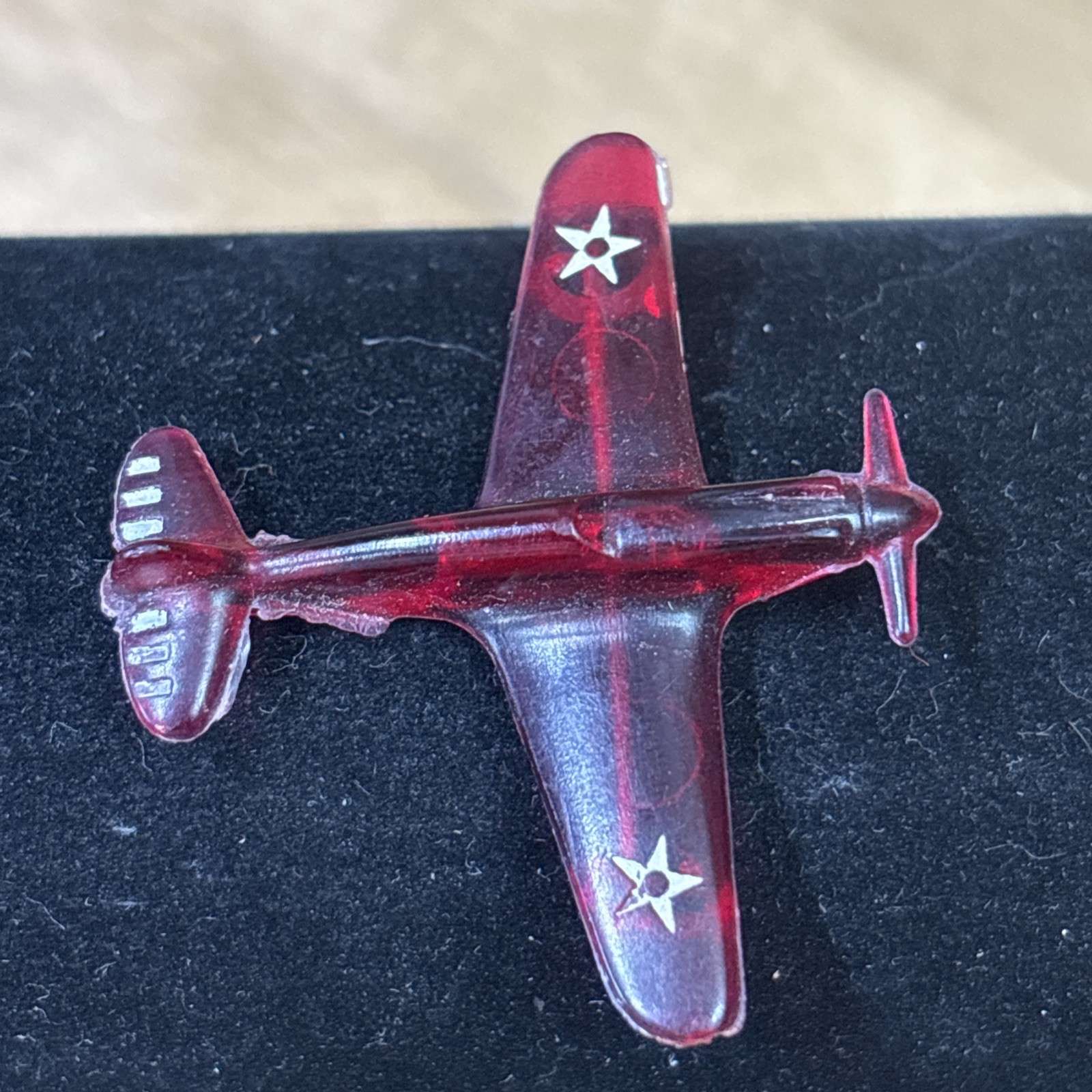 Vintage 1940s WWII Celluloid Airplane Novelty Sweetheart Pin Red Missing Dangles